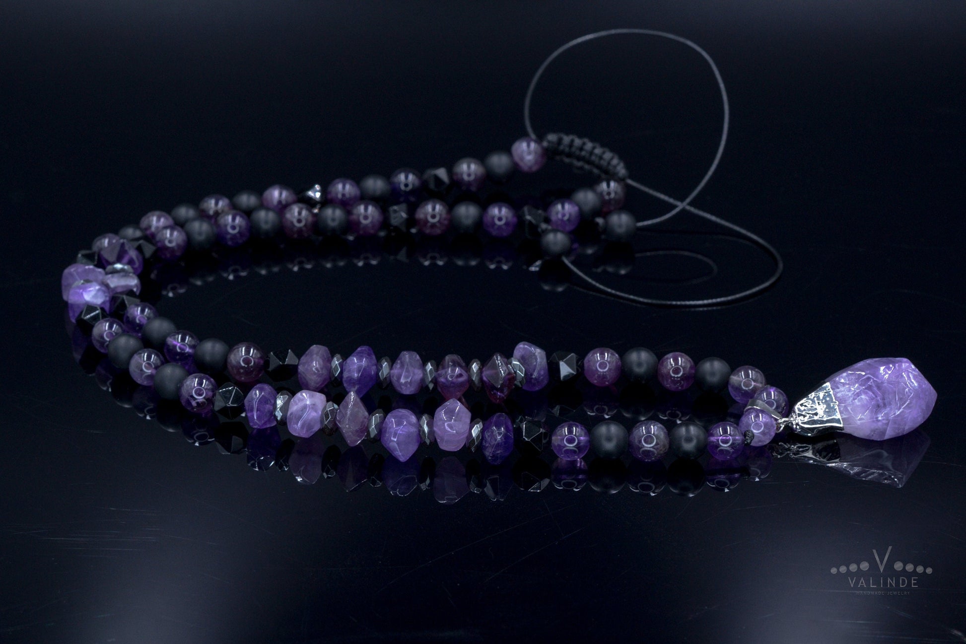 Amethyst Pendant Necklace / Men's Crystal Necklace / Gift for Men / Long Beaded Necklace / Amethyst Jewelry / Black Onyx Necklace for Men - Shamballa Necklace - Birthstone Necklace - Gemstone Necklace Men - Chakra Necklace - Macrame Necklace  - Healing Necklace 
