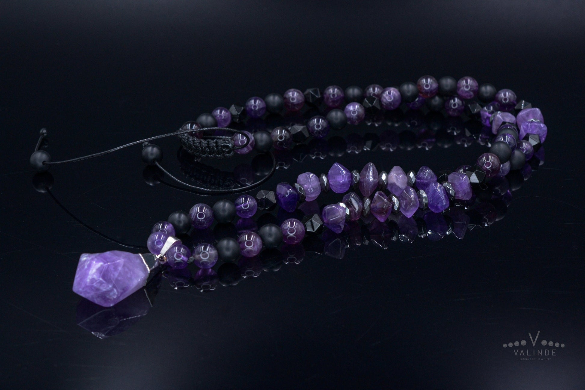 Amethyst Pendant Necklace / Men's Crystal Necklace / Gift for Men / Long Beaded Necklace / Amethyst Jewelry / Black Onyx Necklace for Men - Shamballa Necklace - Birthstone Necklace - Gemstone Necklace Men - Chakra Necklace - Macrame Necklace  - Healing Necklace 
