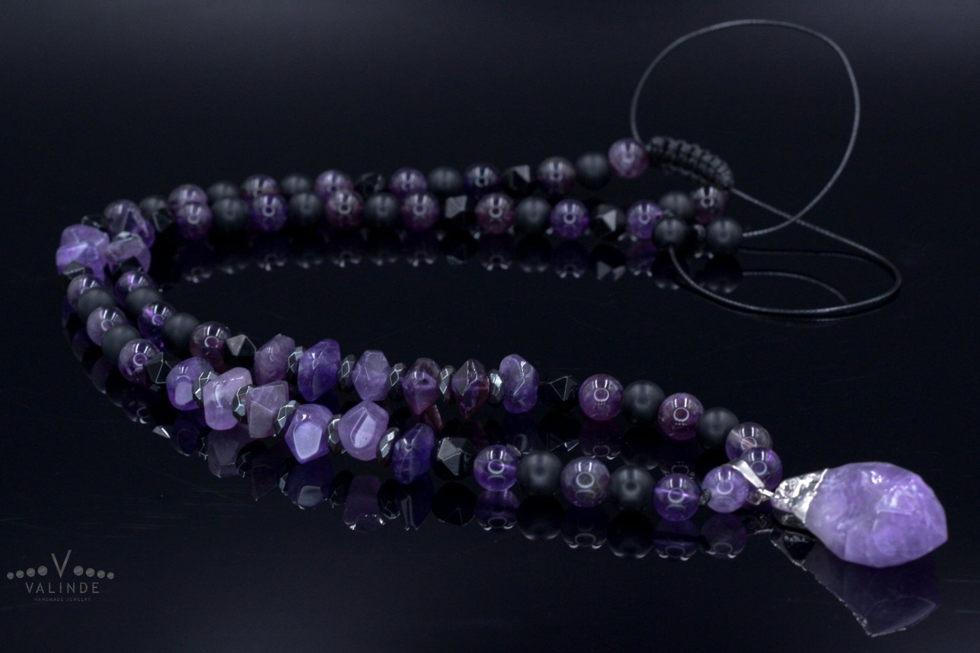 Amethyst Pendant Necklace / Men's Crystal Necklace / Gift for Men / Long Beaded Necklace / Amethyst Jewelry / Black Onyx Necklace for Men - Shamballa Necklace - Birthstone Necklace - Gemstone Necklace Men - Chakra Necklace - Macrame Necklace  - Healing Necklace 
