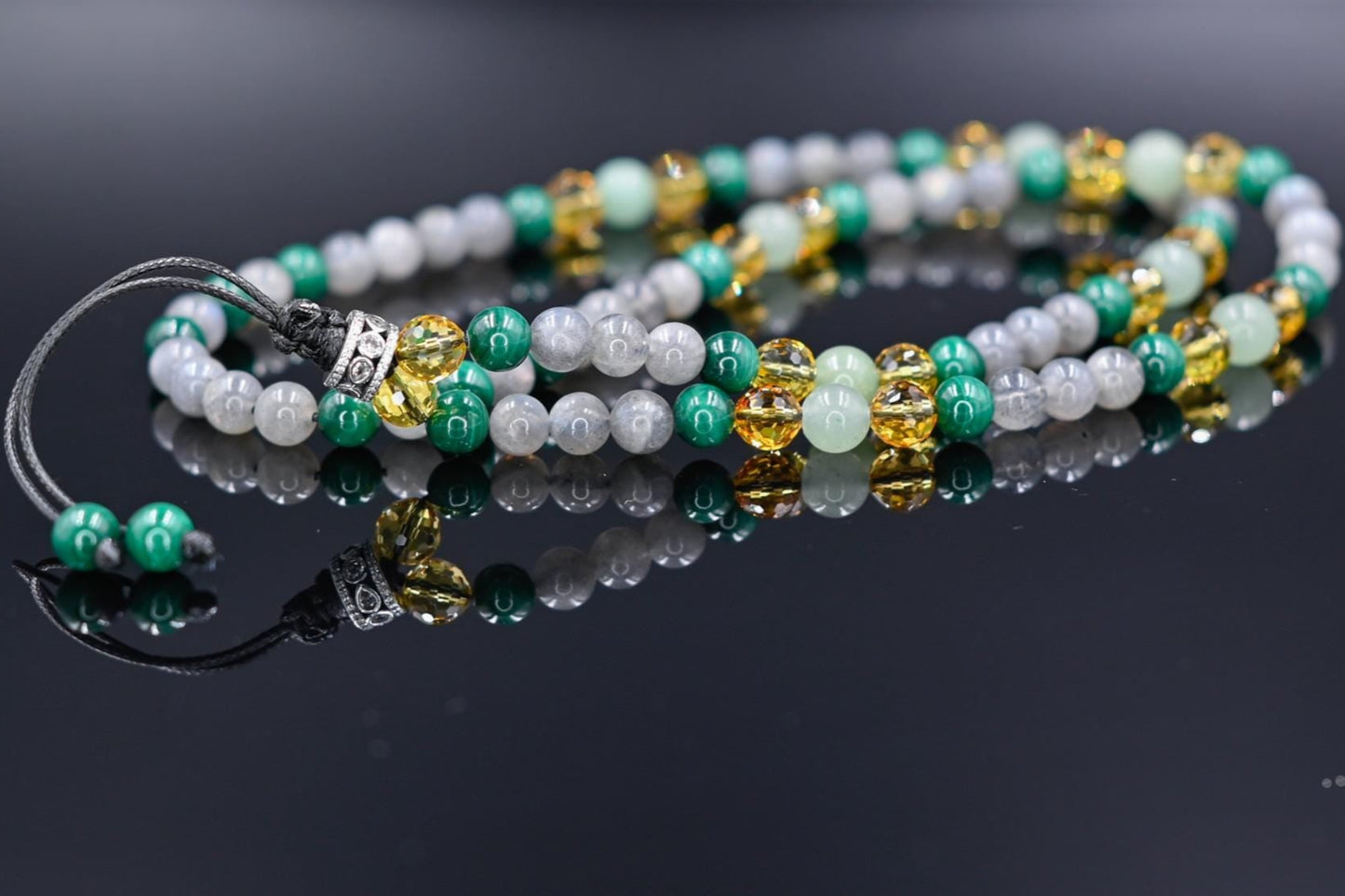 Men's Malachite and Citrine Necklace / 925 Sterling Silver bead Necklace / Long Crystal Necklace / Labradorite Necklace / Gift for Men - Shamballa Necklace - Birthstone Necklace - Gemstone Necklace Men - Chakra Necklace - Macrame Necklace  - Healing Necklace 

