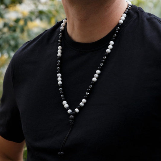 White Howlite Necklace - Men's Black Onyx Hematite Crystal Necklace - Long Beaded Necklace - Gift for Men - Summer Stone Necklace for Him - Shamballa Necklace - Birthstone Necklace - Gemstone Necklace Men - Chakra Necklace - Macrame Necklace  - Healing Necklace - Valinde