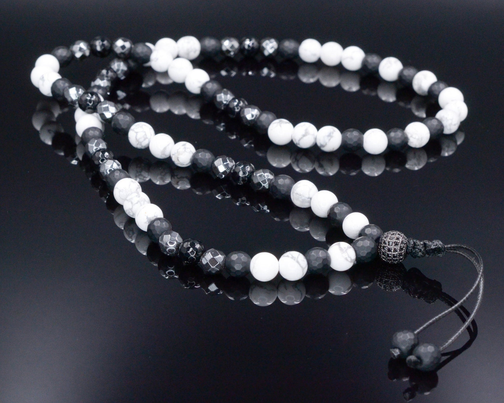 White Howlite Necklace - Men's Black Onyx Hematite Crystal Necklace - Long Beaded Necklace - Gift for Men - Summer Stone Necklace for Him - Shamballa Necklace - Birthstone Necklace - Gemstone Necklace Men - Chakra Necklace - Macrame Necklace  - Healing Necklace - Valinde
