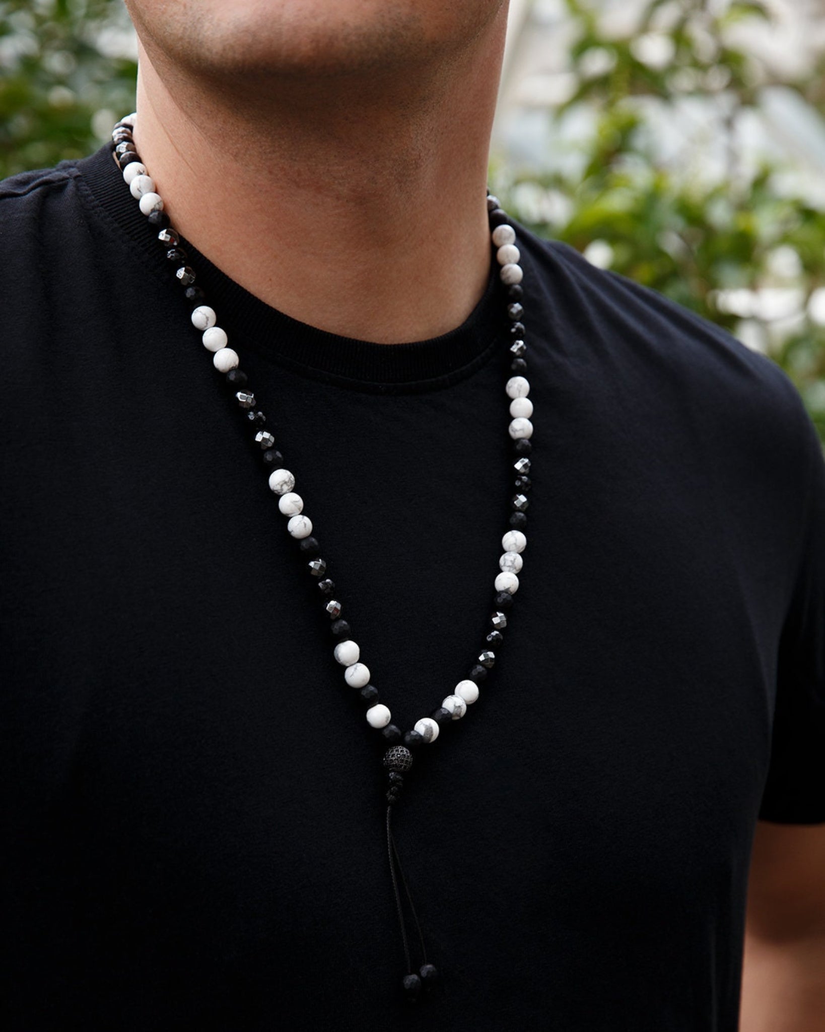 White Howlite Necklace - Men's Black Onyx Hematite Crystal Necklace - Long Beaded Necklace - Gift for Men - Summer Stone Necklace for Him - Shamballa Necklace - Birthstone Necklace - Gemstone Necklace Men - Chakra Necklace - Macrame Necklace  - Healing Necklace - Valinde
