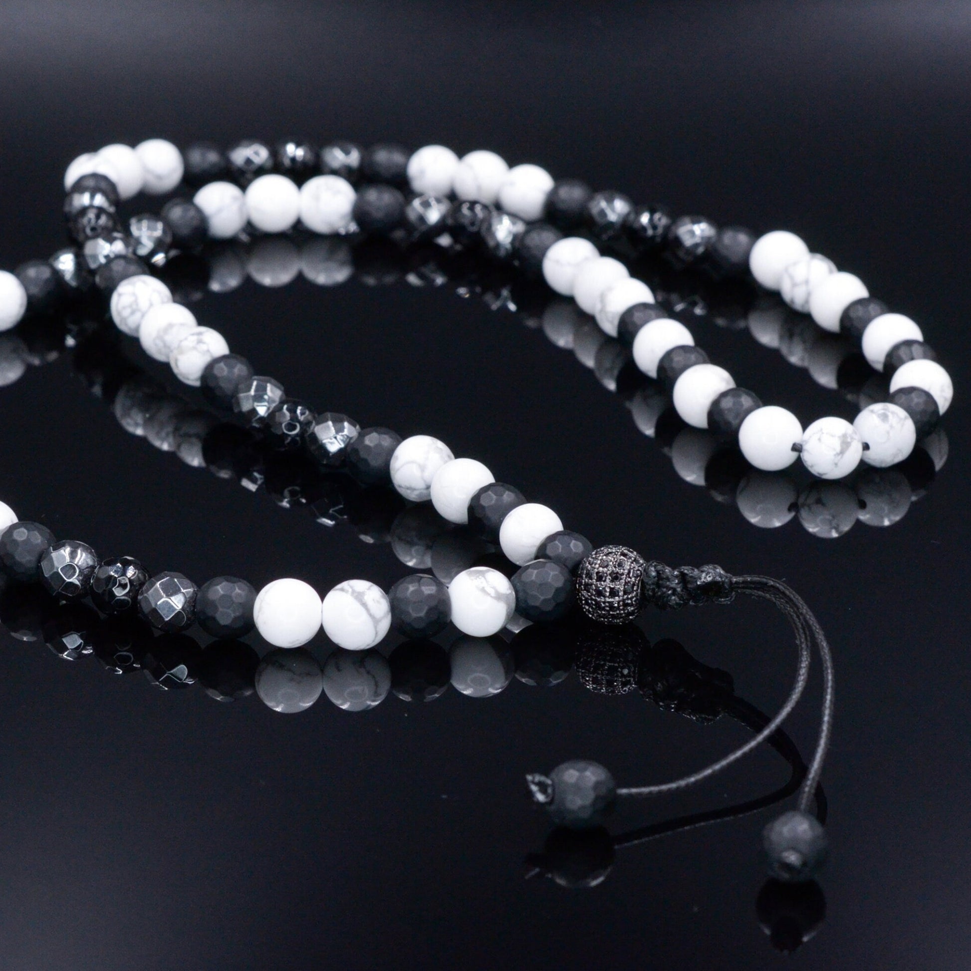 White Howlite Necklace - Men's Black Onyx Hematite Crystal Necklace - Long Beaded Necklace - Gift for Men - Summer Stone Necklace for Him - Shamballa Necklace - Birthstone Necklace - Gemstone Necklace Men - Chakra Necklace - Macrame Necklace  - Healing Necklace - Valinde
