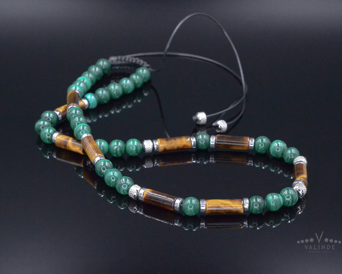 Malachite Short Necklace Men - Men's Gemstone Tiger's Eye Beads Necklace - Gift for Men - Christmas Gift - Adjustable Crystal Necklace  - Shamballa Necklace - Birthstone Necklace - Gemstone Necklace Men - Chakra Necklace - Macrame Necklace  - Healing Necklace - Valinde
