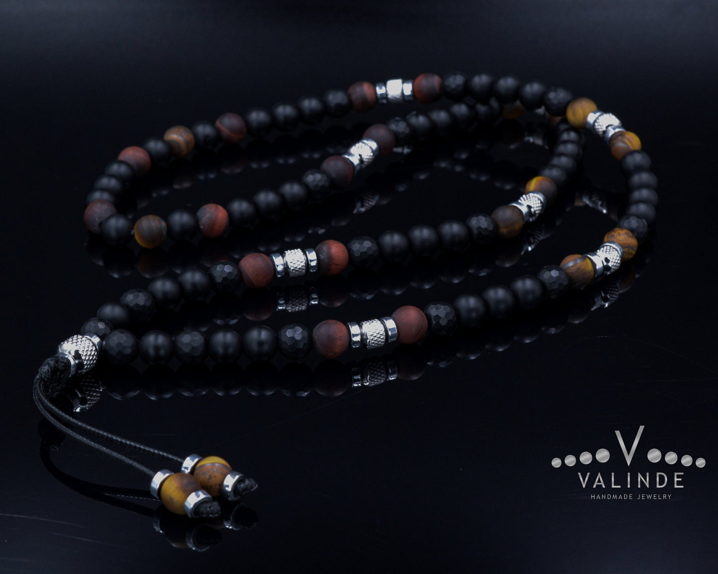 Black Onyx Necklace for Men Tiger's Eye Beaded Necklace Long Necklace Gift for Men Steel Beads Necklace Men's Tiger Eye Necklace - Shamballa Necklace - Birthstone Necklace - Gemstone Necklace Men - Chakra Necklace - Macrame Necklace  - Healing Necklace 
