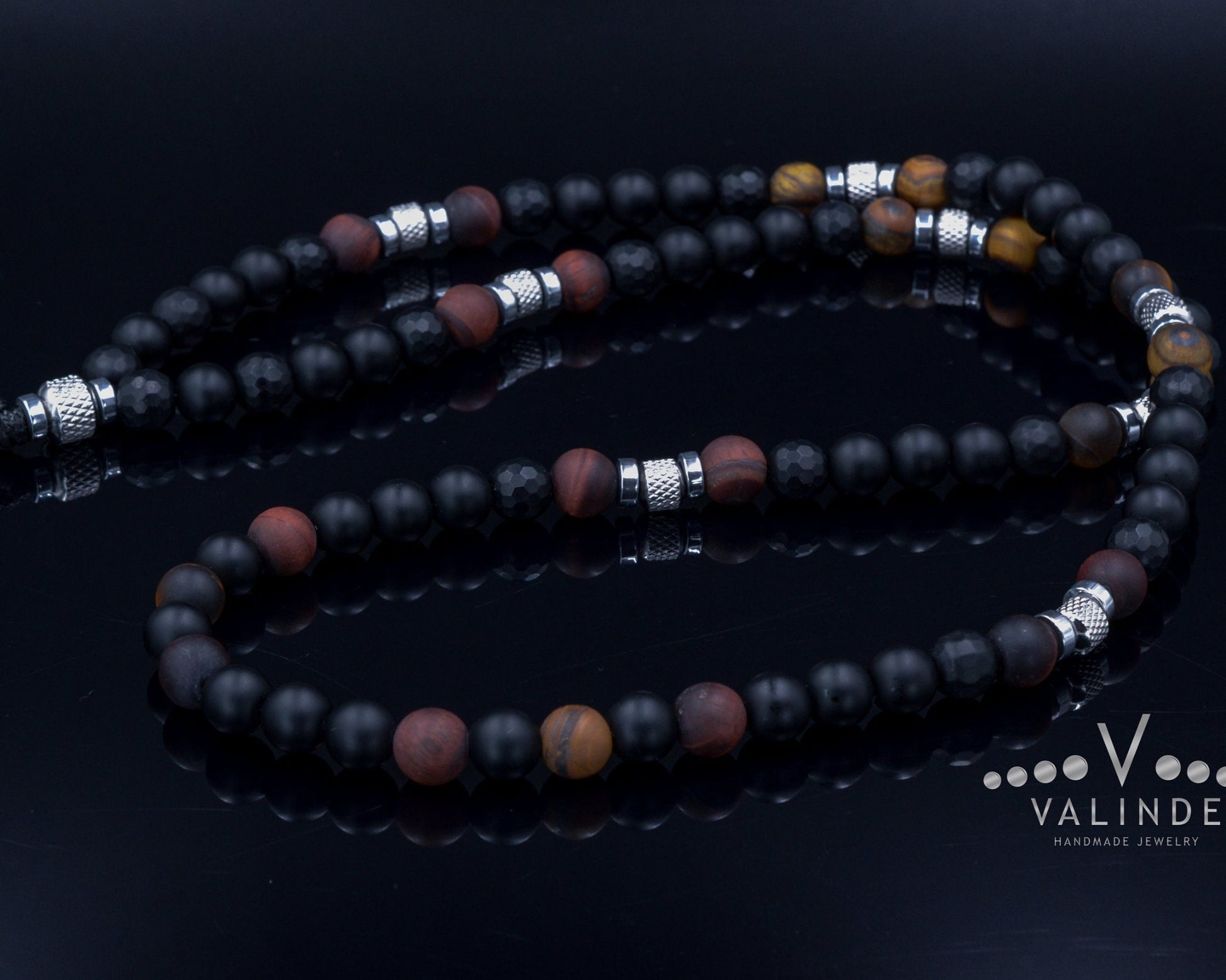 Black Onyx Necklace for Men Tiger's Eye Beaded Necklace Long Necklace Gift for Men Steel Beads Necklace Men's Tiger Eye Necklace - Shamballa Necklace - Birthstone Necklace - Gemstone Necklace Men - Chakra Necklace - Macrame Necklace  - Healing Necklace 
