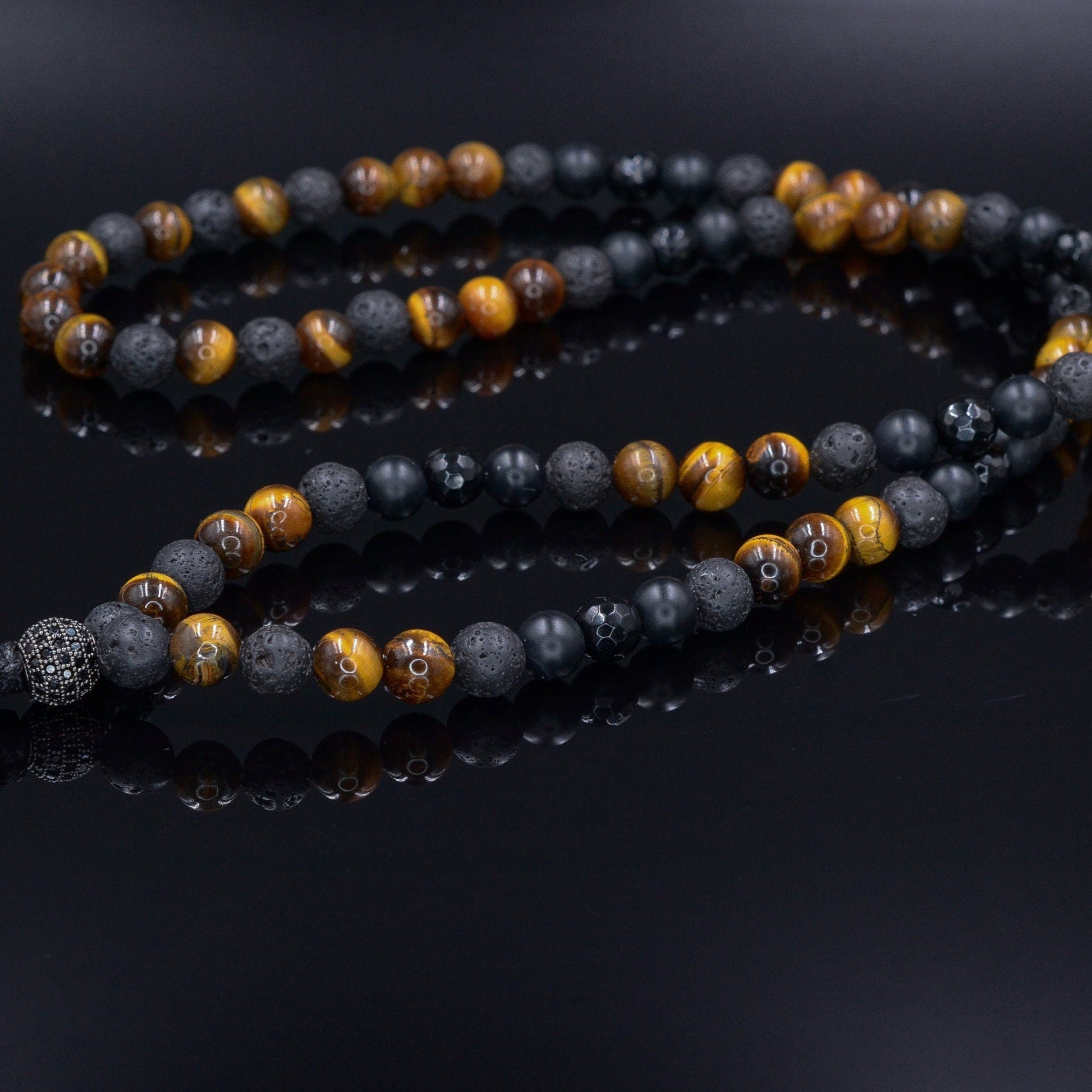 Men's Tiger's Eye Long Necklace Black Onyx Cubic Zirconia Necklace Gemstone Beaded Necklace Gift for Men Agate Lava Stone Necklace For Men - Shamballa Necklace - Birthstone Necklace - Gemstone Necklace Men - Chakra Necklace - Macrame Necklace  - Healing Necklace 