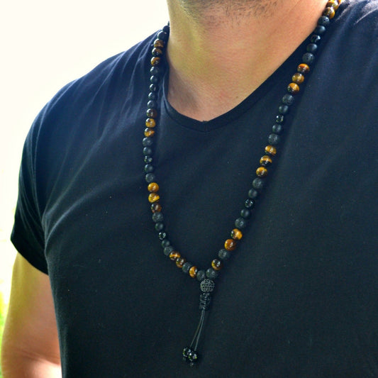 Men's Tiger's Eye Long Necklace Black Onyx Cubic Zirconia Necklace Gemstone Beaded Necklace Gift for Men Agate Lava Stone Necklace For Men - Shamballa Necklace - Birthstone Necklace - Gemstone Necklace Men - Chakra Necklace - Macrame Necklace  - Healing Necklace 
