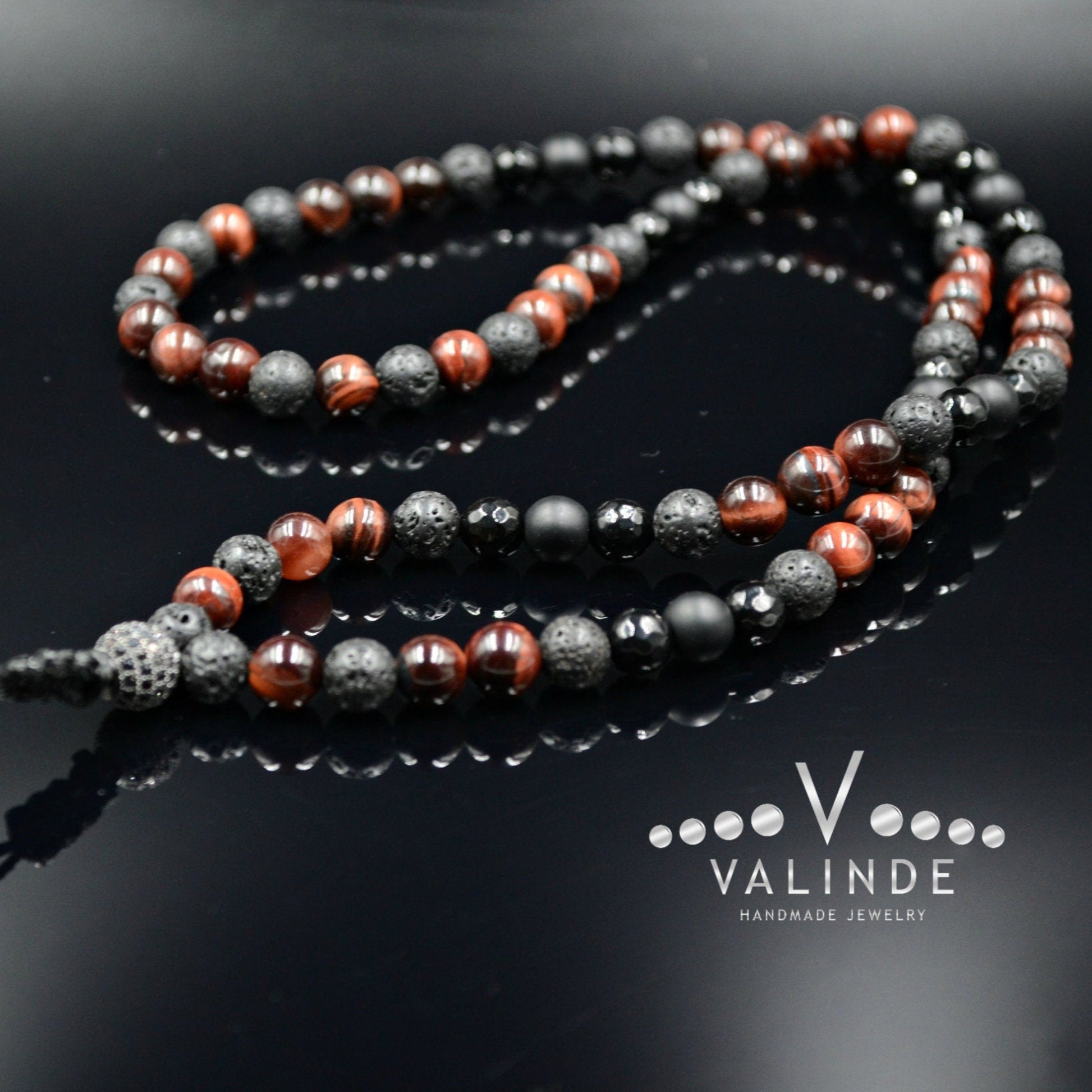 Red Tiger's Eye Necklace Men's Long Necklace Onyx Necklace CZ Necklace Gift for Men Crystal Beaded Necklace Black Zirconia Necklace For Men  - Shamballa Necklace - Birthstone Necklace - Gemstone Necklace Men - Chakra Necklace - Macrame Necklace  - Healing Necklace 