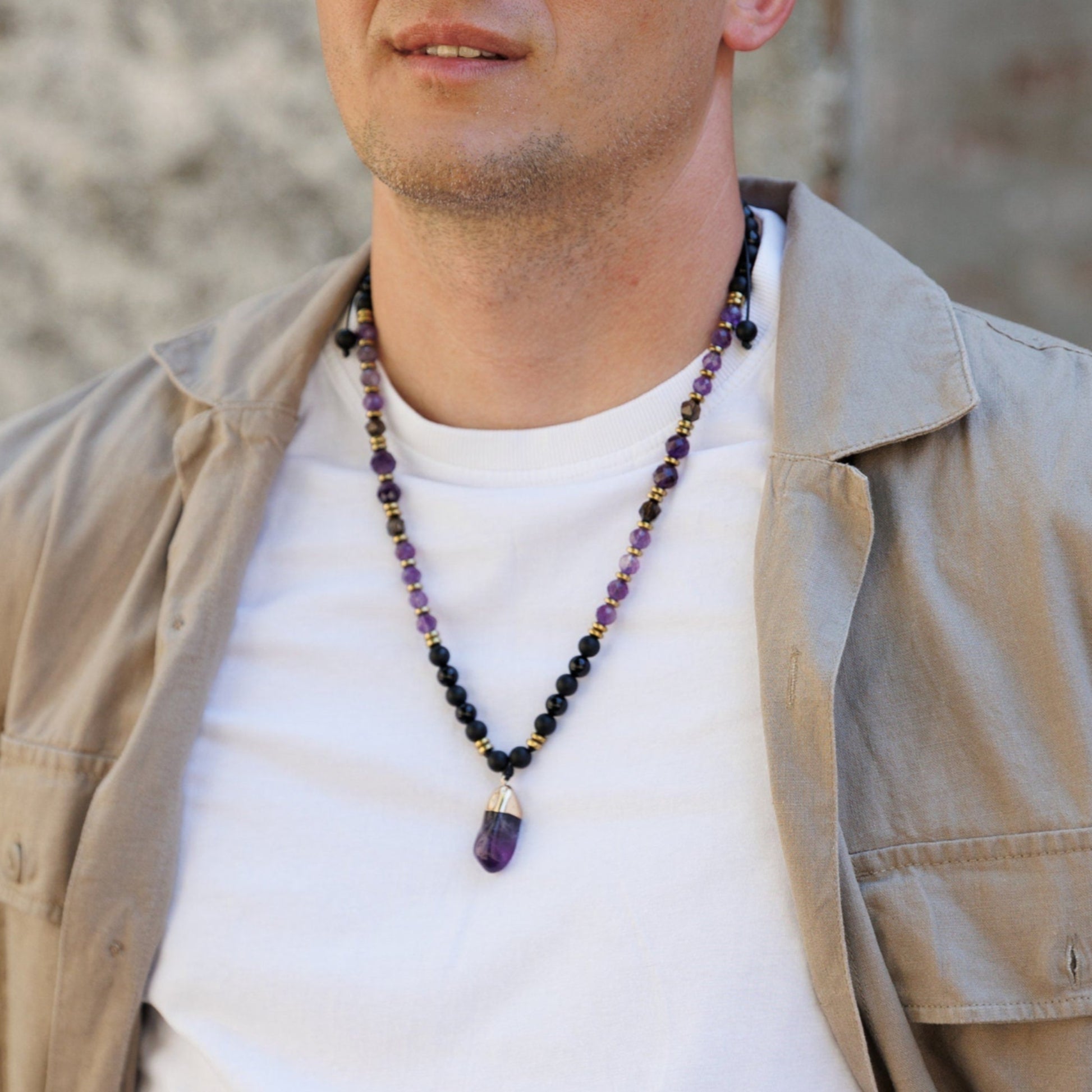 Genuine Amethyst Pendant Crystal Necklace, Men's Long Smoky Quartz Black Onyx Beaded Necklace, Gift for Men, Adjustable Macrame Necklace - Shamballa Necklace - Birthstone Necklace - Gemstone Necklace Men - Chakra Necklace - Macrame Necklace  - Healing Necklace - Valinde