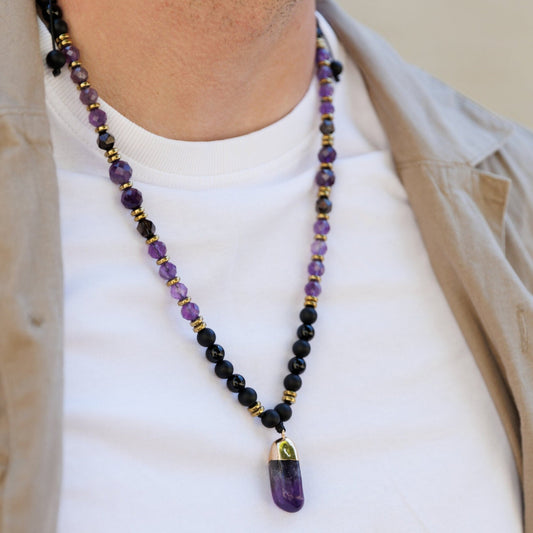Genuine Amethyst Pendant Crystal Necklace, Men's Long Smoky Quartz Black Onyx Beaded Necklace, Gift for Men, Adjustable Macrame Necklace - Shamballa Necklace - Birthstone Necklace - Gemstone Necklace Men - Chakra Necklace - Macrame Necklace  - Healing Necklace - Valinde
