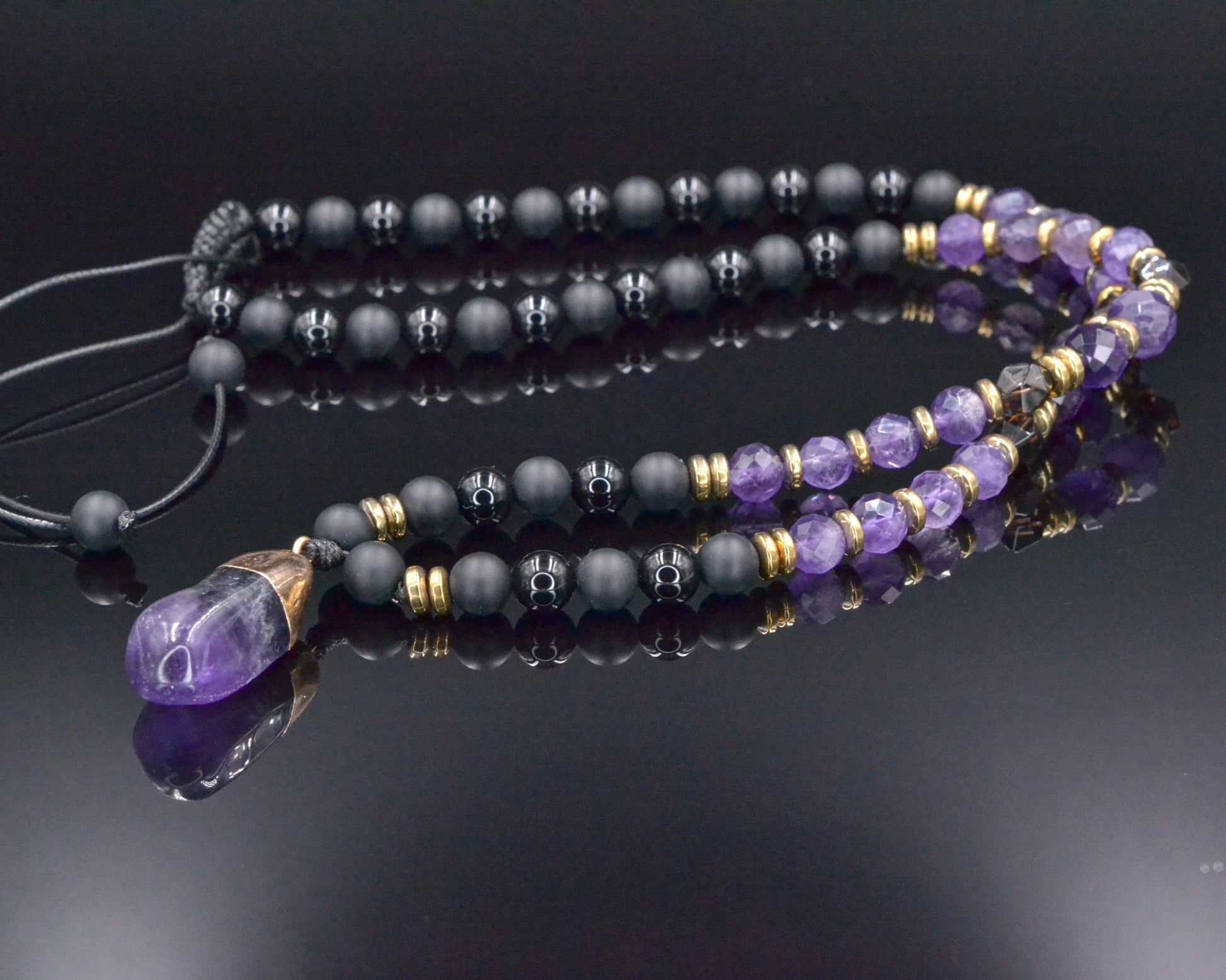 Genuine Amethyst Pendant Crystal Necklace, Men's Long Smoky Quartz Black Onyx Beaded Necklace, Gift for Men, Adjustable Macrame Necklace - Shamballa Necklace - Birthstone Necklace - Gemstone Necklace Men - Chakra Necklace - Macrame Necklace  - Healing Necklace - Valinde

