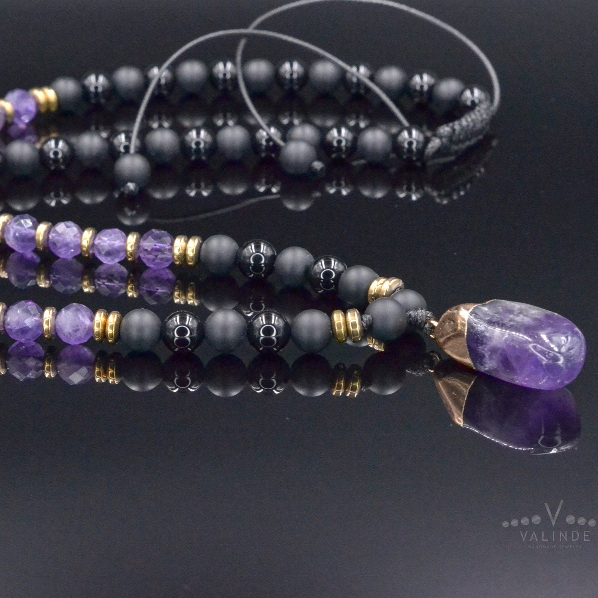 Genuine Amethyst Pendant Crystal Necklace, Men's Long Smoky Quartz Black Onyx Beaded Necklace, Gift for Men, Adjustable Macrame Necklace - Shamballa Necklace - Birthstone Necklace - Gemstone Necklace Men - Chakra Necklace - Macrame Necklace  - Healing Necklace - Valinde
