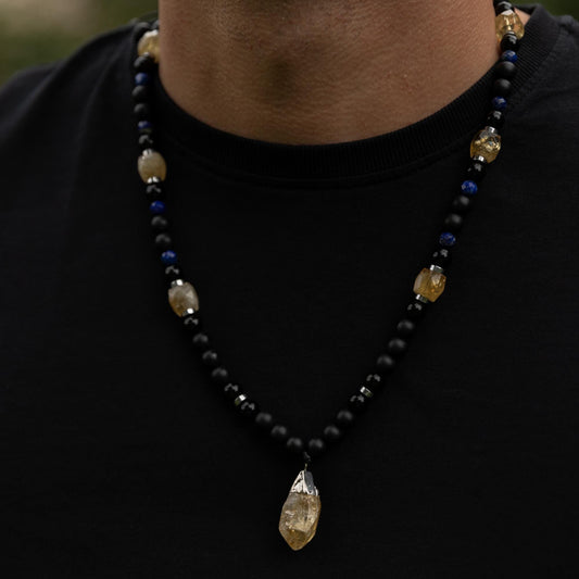 Citrine Pendant Necklace, Men's Citrine Beaded Necklace, Adjustable Long Necklace, Gift for Men, Christmas Gift, Black Onyx Agate Necklace - Shamballa Necklace - Birthstone Necklace - Gemstone Necklace Men - Chakra Necklace - Macrame Necklace  - Healing Necklace - Valinde