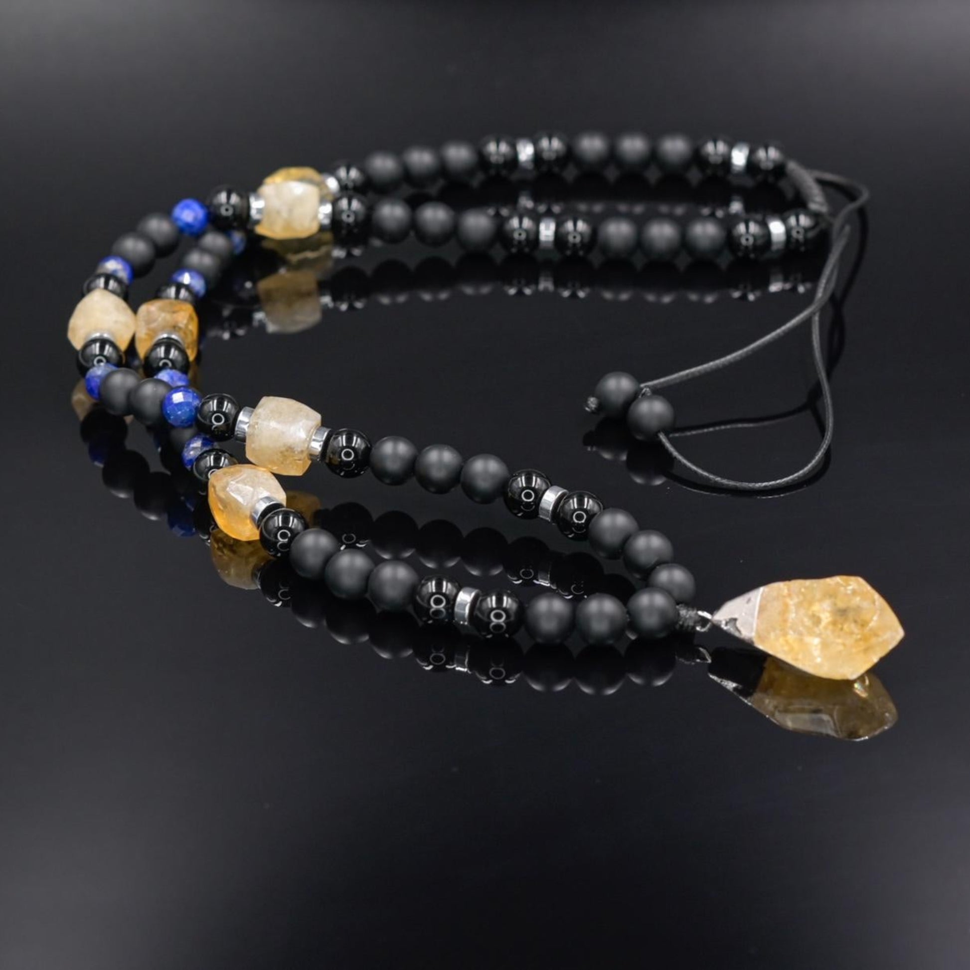 Citrine Pendant Necklace, Men's Citrine Beaded Necklace, Adjustable Long Necklace, Gift for Men, Christmas Gift, Black Onyx Agate Necklace - Shamballa Necklace - Birthstone Necklace - Gemstone Necklace Men - Chakra Necklace - Macrame Necklace  - Healing Necklace - Valinde
