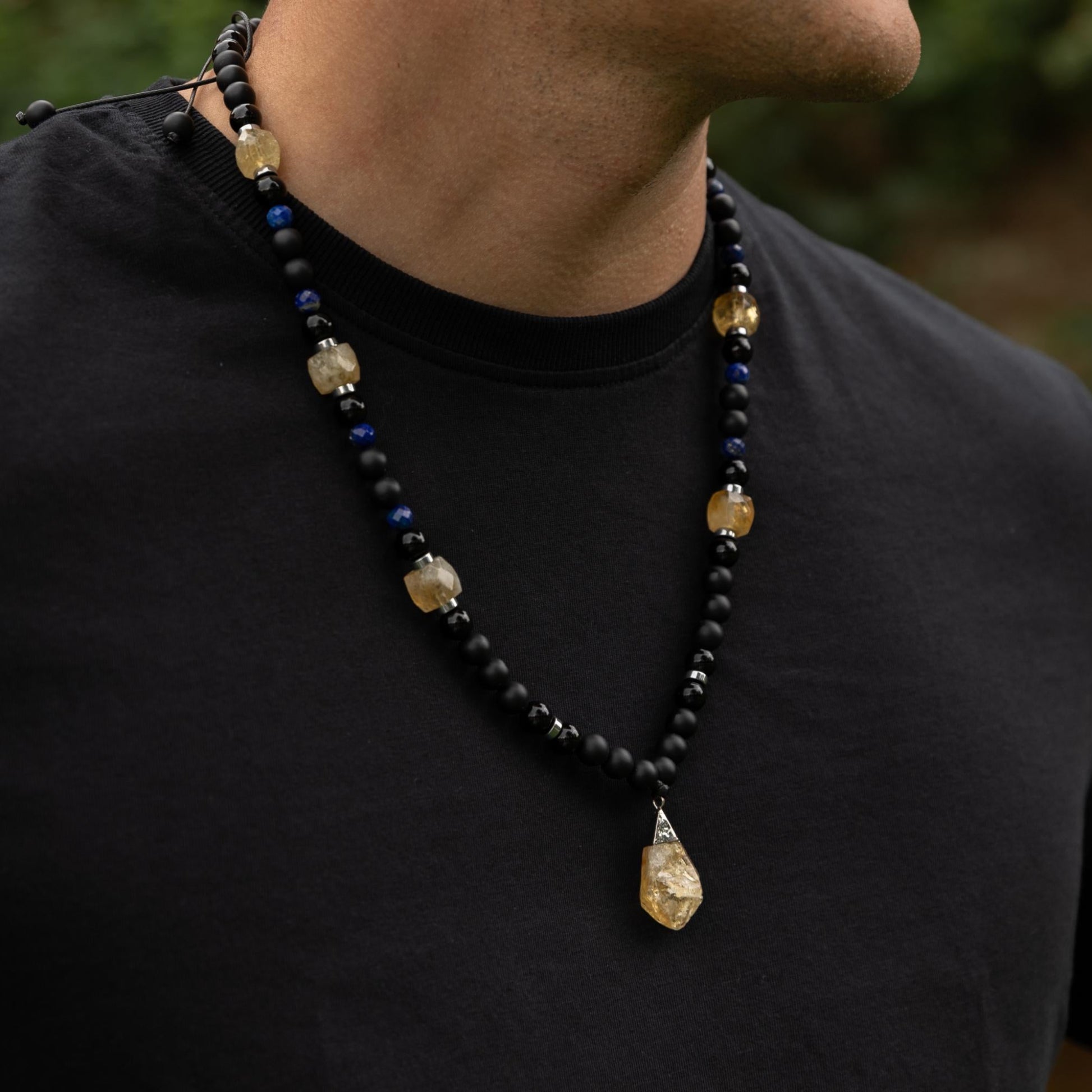 Citrine Pendant Necklace, Men's Citrine Beaded Necklace, Adjustable Long Necklace, Gift for Men, Christmas Gift, Black Onyx Agate Necklace - Shamballa Necklace - Birthstone Necklace - Gemstone Necklace Men - Chakra Necklace - Macrame Necklace  - Healing Necklace - Valinde

