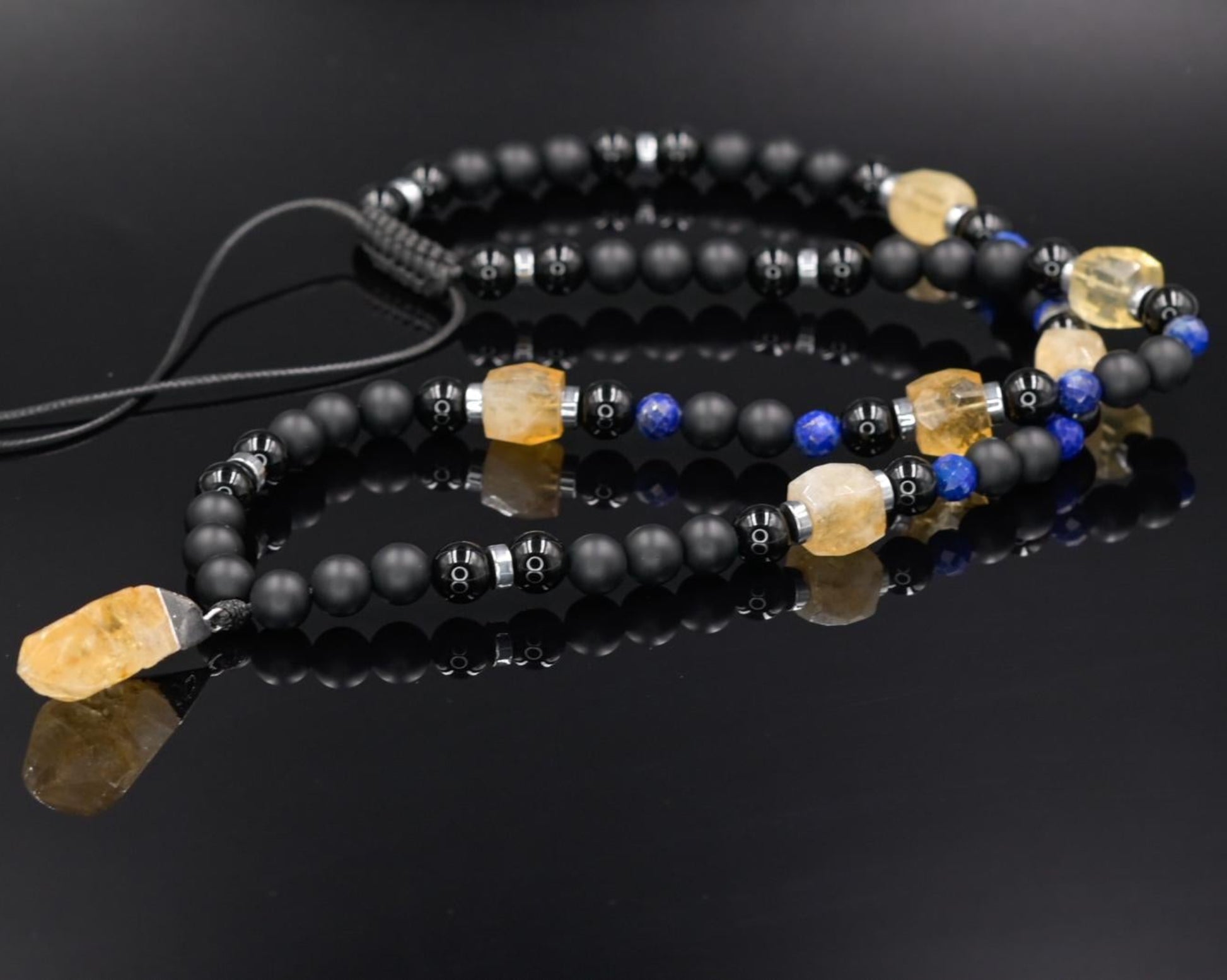 Citrine Pendant Necklace, Men's Citrine Beaded Necklace, Adjustable Long Necklace, Gift for Men, Christmas Gift, Black Onyx Agate Necklace - Shamballa Necklace - Birthstone Necklace - Gemstone Necklace Men - Chakra Necklace - Macrame Necklace  - Healing Necklace - Valinde
