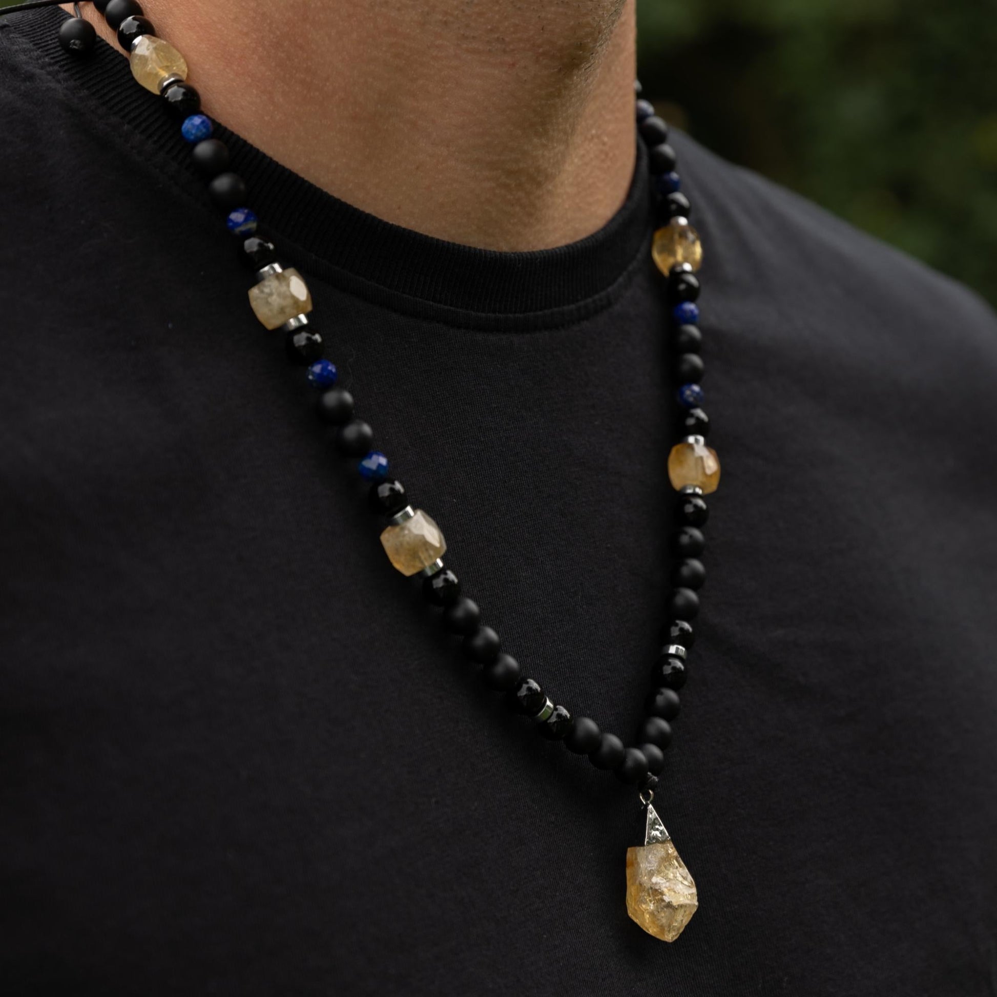 Citrine Pendant Necklace, Men's Citrine Beaded Necklace, Adjustable Long Necklace, Gift for Men, Christmas Gift, Black Onyx Agate Necklace - Shamballa Necklace - Birthstone Necklace - Gemstone Necklace Men - Chakra Necklace - Macrame Necklace  - Healing Necklace - Valinde
