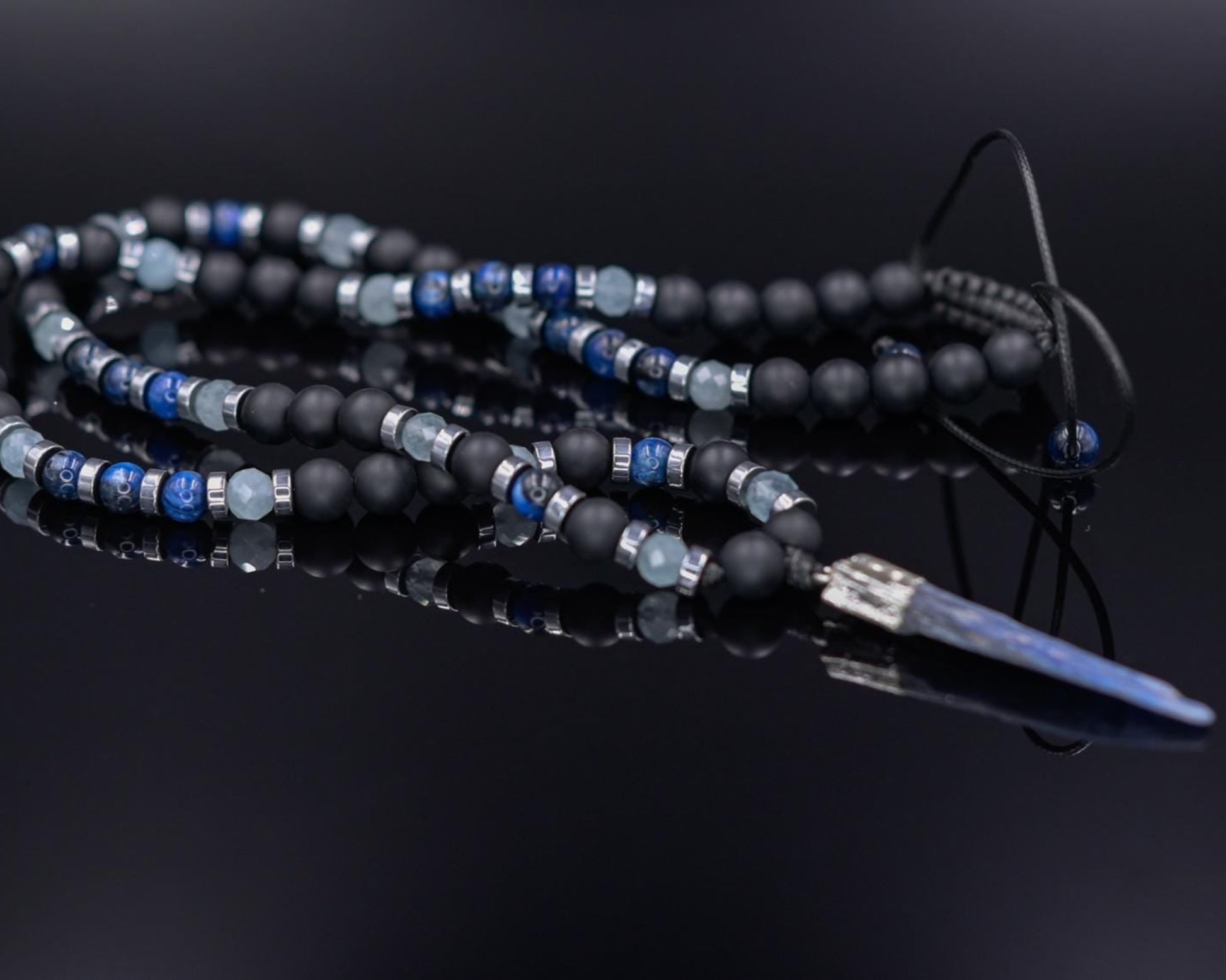Men's Kyanite Long Necklace, Raw Kyanite Pendant Necklace, Aquamarine Onyx Crystal Beaded Necklace, Gift for Men,Adjustable Necklace for Men - Shamballa Necklace - Birthstone Necklace - Gemstone Necklace Men - Chakra Necklace - Macrame Necklace  - Healing Necklace - Valinde

