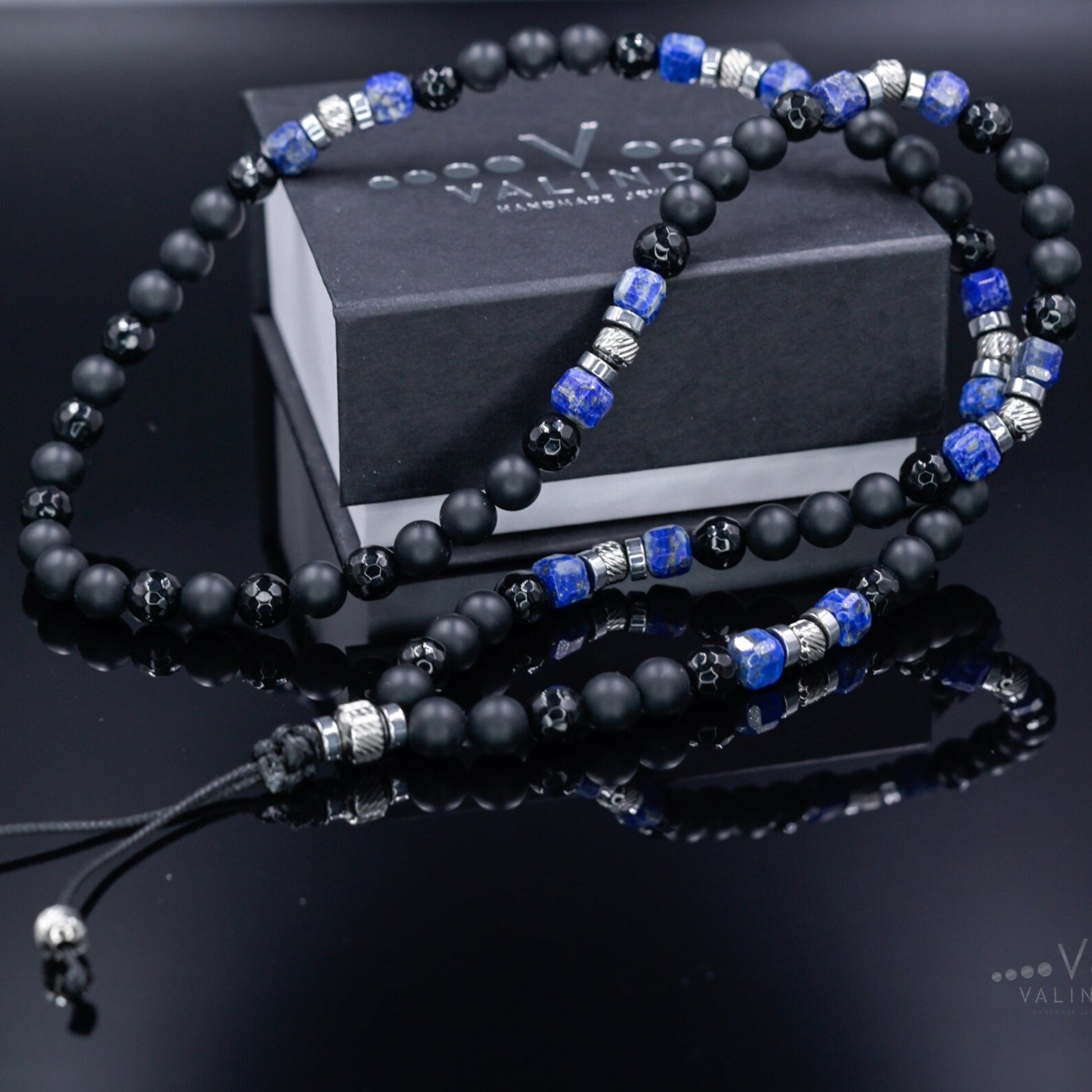 Lapis lazuli Necklace for Men, Men's Long Black Onyx Necklace, Agate Hematite Stone Necklace, Gift for Men, Crystal Beaded Necklace  - Shamballa Necklace - Birthstone Necklace - Gemstone Necklace Men - Chakra Necklace - Macrame Necklace  - Healing Necklace - Valinde