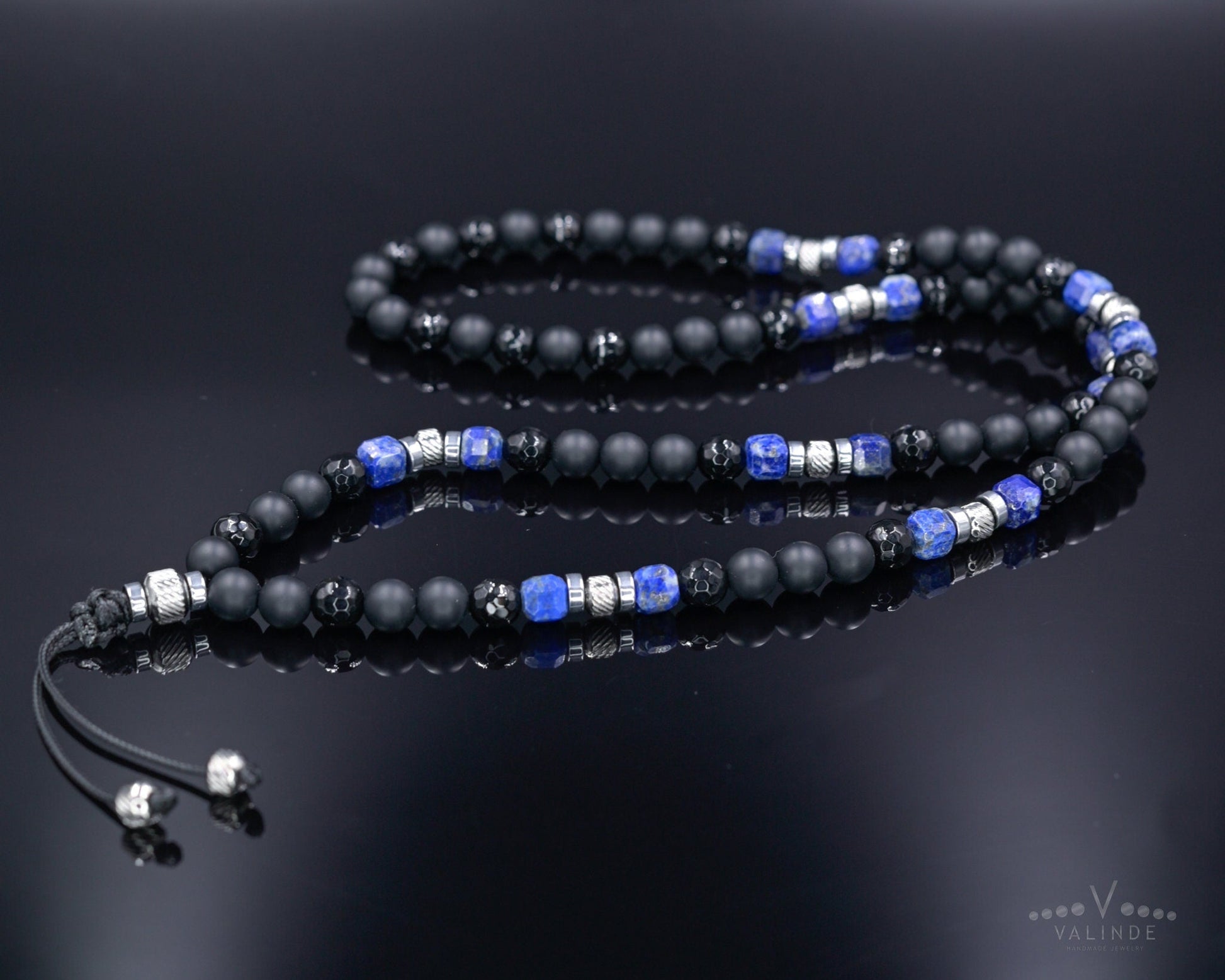 Lapis lazuli Necklace for Men, Men's Long Black Onyx Necklace, Agate Hematite Stone Necklace, Gift for Men, Crystal Beaded Necklace  - Shamballa Necklace - Birthstone Necklace - Gemstone Necklace Men - Chakra Necklace - Macrame Necklace  - Healing Necklace - Valinde
