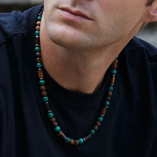 Malachite Tiger's Eye Crystal Necklace - Men's Short Beaded Necklace - Gift for Men - Adjustable Surfer Necklace - Malachite Jewelry for Men - - Shamballa Necklace - Birthstone Necklace - Gemstone Necklace Men - Chakra Necklace - Macrame Necklace  - Healing Necklace 