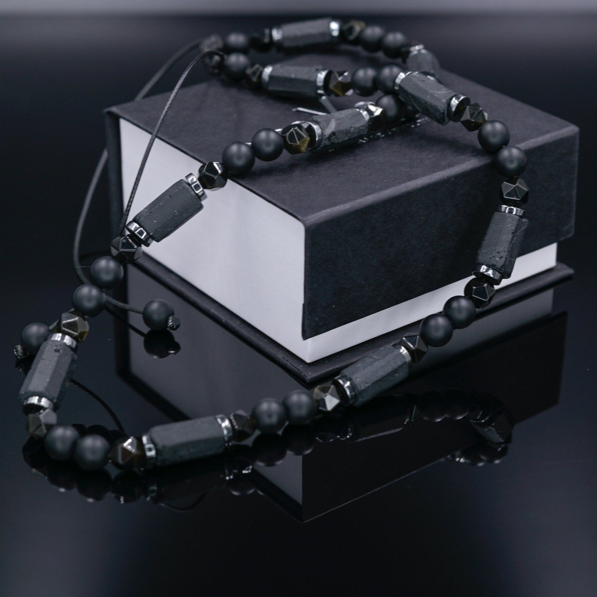 Raw Tourmaline Necklace, Men's Black Onyx Obsidian Beaded Necklace, Black Crystal Short Necklace, Gift for Men, Adjustable Necklace for Men - Shamballa Necklace - Birthstone Necklace - Gemstone Necklace Men - Chakra Necklace - Macrame Necklace  - Healing Necklace - Valinde
