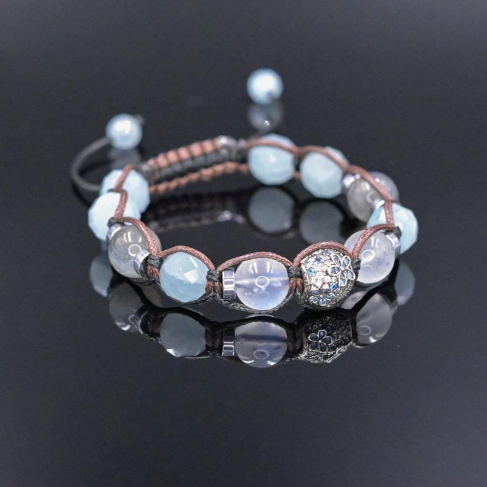 Genuine Aquamarine Moonstone Labradorite Gemstone Bracelet, Women's 925 Silver Bead Bracelet, Adjustable Crystal Bracelet,Gift for Her/Woman - Shamballa Bracelet - Birthstone Bracelet - Gemstone Bracelet Women - Chakra Bracelet - Macrame Bracelet - Healing Bracelet - Valinde