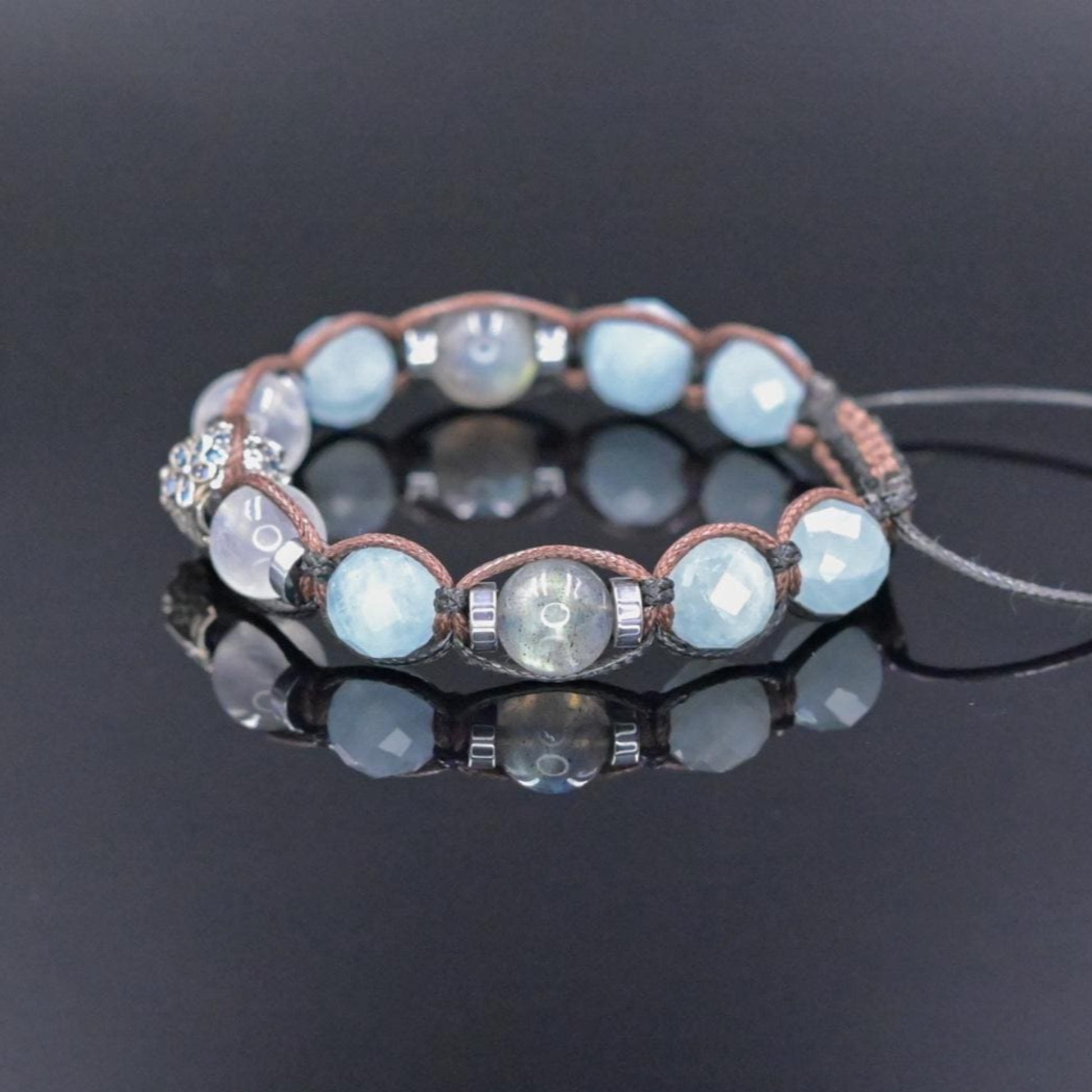 Genuine Aquamarine Moonstone Labradorite Gemstone Bracelet, Women's 925 Silver Bead Bracelet, Adjustable Crystal Bracelet,Gift for Her/Woman - Shamballa Bracelet - Birthstone Bracelet - Gemstone Bracelet Women - Chakra Bracelet - Macrame Bracelet - Healing Bracelet - Valinde
