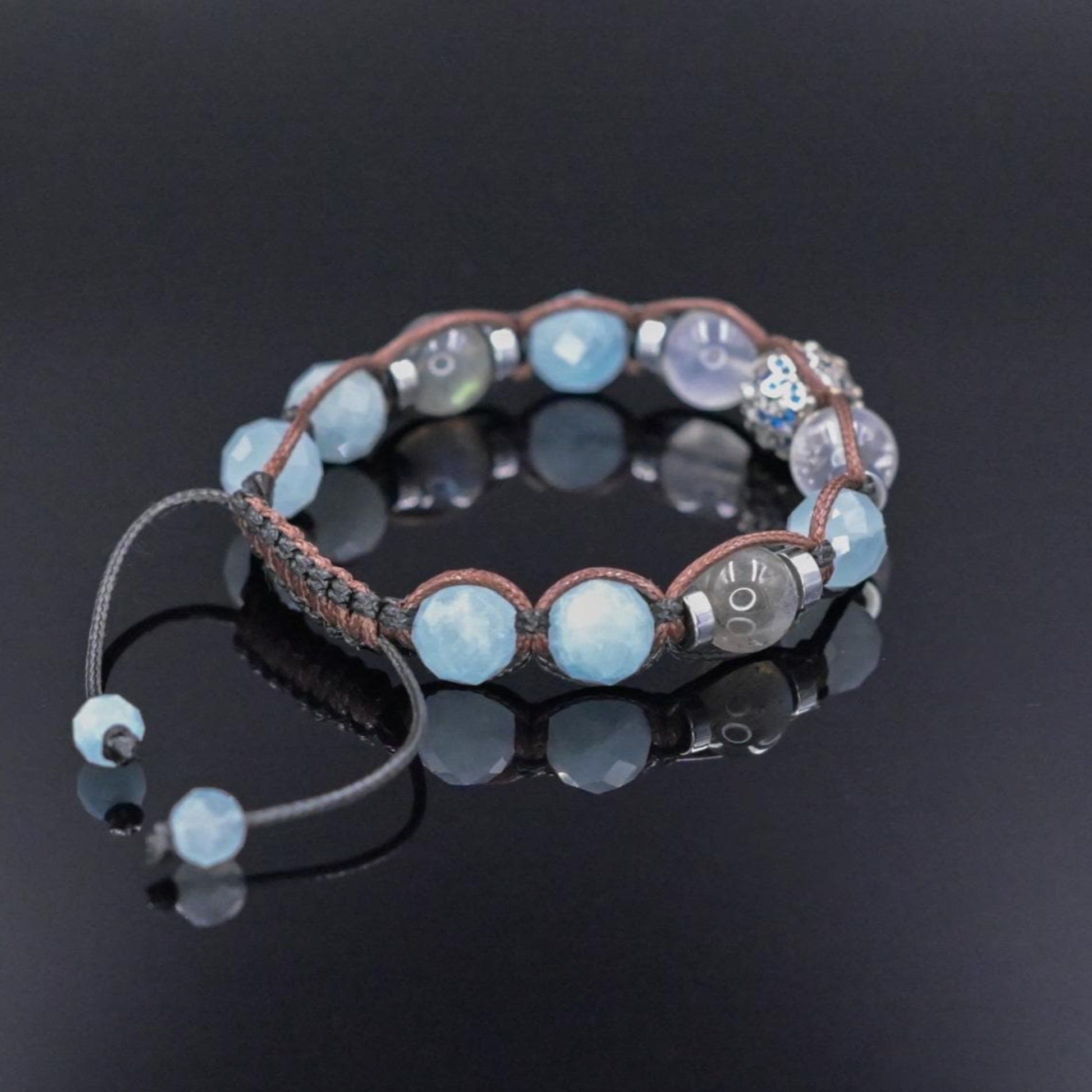 Genuine Aquamarine Moonstone Labradorite Gemstone Bracelet, Women's 925 Silver Bead Bracelet, Adjustable Crystal Bracelet,Gift for Her/Woman - Shamballa Bracelet - Birthstone Bracelet - Gemstone Bracelet Women - Chakra Bracelet - Macrame Bracelet - Healing Bracelet - Valinde
