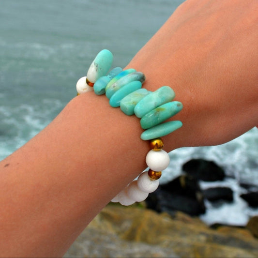 Amazonite Stretch Bracelet White Coral Bracelet Gemstone Beaded Bracelet Hematite Bracelet Gift for Woman Elastic Bracelet Summer Bracelet - Shamballa Bracelet - Birthstone Bracelet - Gemstone Bracelet Men - Chakra Bracelet - Macrame Bracelet - Healing Bracelet - Valinde
