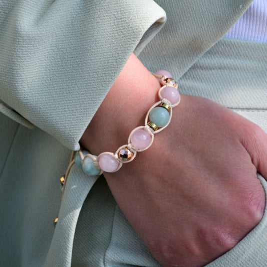 Women's Amazonite Beaded Bracelet Rose Quartz and Hematite Bracelet Crystal Bracelet Gift for Woman Adjustable Bracelet Macrame Bracelet - Shamballa Bracelet - Birthstone Bracelet - Gemstone Bracelet Women - Chakra Bracelet - Macrame Bracelet - Healing Bracelet - Valinde
