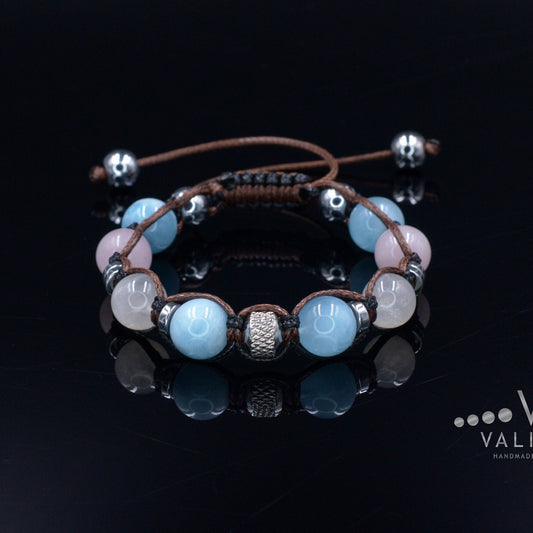 Women's Aquamarine Bracelet Moonstone & Rose Quartz Crystal Bracelet Gift for Woman Christmas Gift Adjustable Beaded Bracelet for Women  - Shamballa Bracelet - Birthstone Bracelet - Gemstone Bracelet Women - Chakra Bracelet - Macrame Bracelet - Healing Bracelet - Valinde