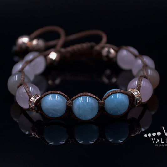 Aquamarine Bracelet Woman Women's Rose Quartz and Sunstone Crystal Bracelet Adjustable Braided Bracelet Gift for Woman Macrame Bracelet- Shamballa Bracelet - Birthstone Bracelet - Gemstone Bracelet Men - Chakra Bracelet - Macrame Bracelet - Healing Bracelet - Valinde