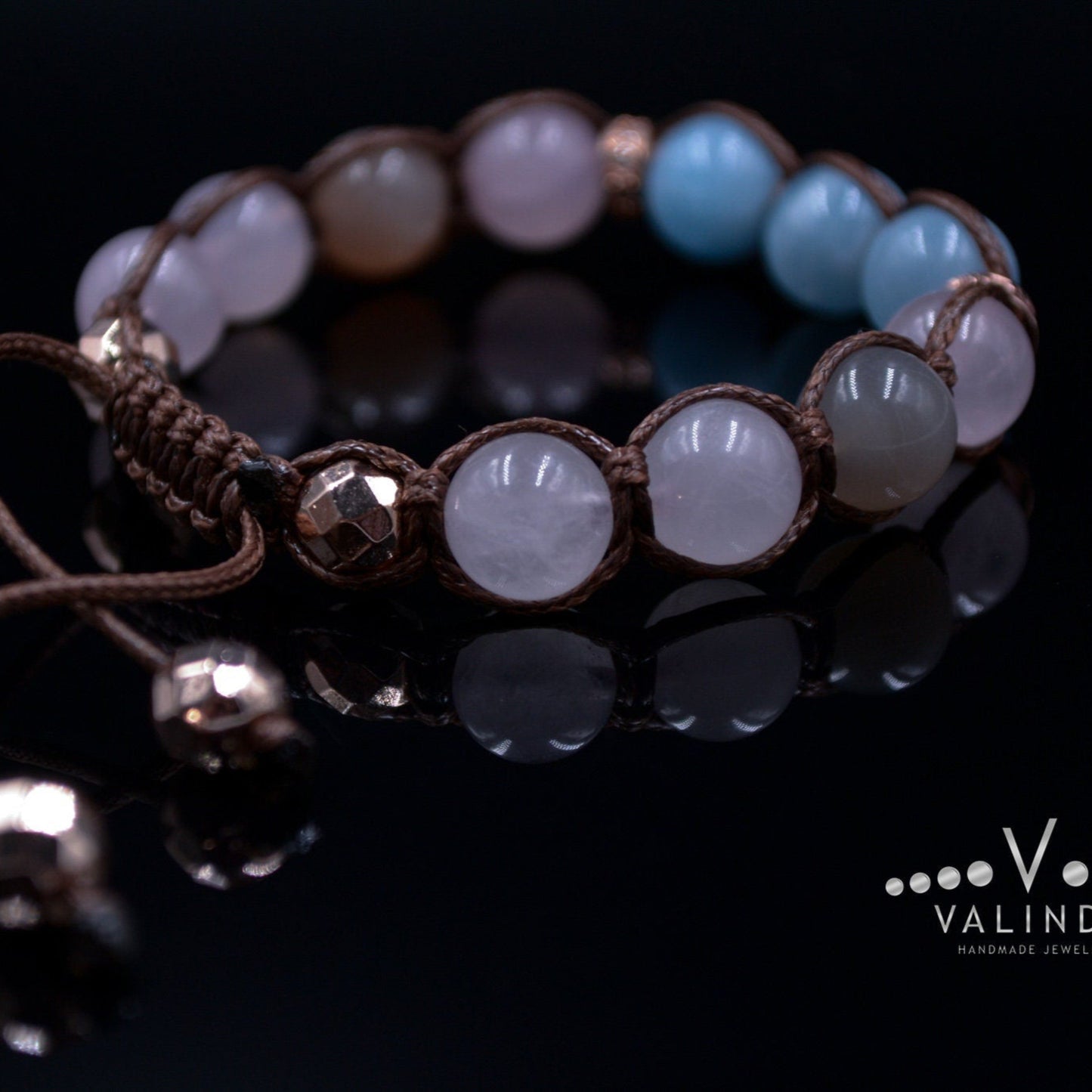 Aquamarine Bracelet Woman Women's Rose Quartz and Sunstone Crystal Bracelet Adjustable Braided Bracelet Gift for Woman Macrame Bracelet- Shamballa Bracelet - Birthstone Bracelet - Gemstone Bracelet Men - Chakra Bracelet - Macrame Bracelet - Healing Bracelet - Valinde
