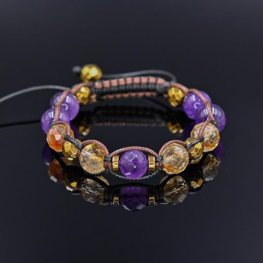 Genuine Citrine Amethyst Crystal Beaded Bracelet, Women's Gemstone Hematite Adjustable Braided Bracelet, Gift for Her, Women's Gift - Shamballa Bracelet - Birthstone Bracelet - Yoga Bracelet -  Gemstone Bracelet Women - Chakra Bracelet - Macrame Bracelet - Healing Bracelet - Valinde
