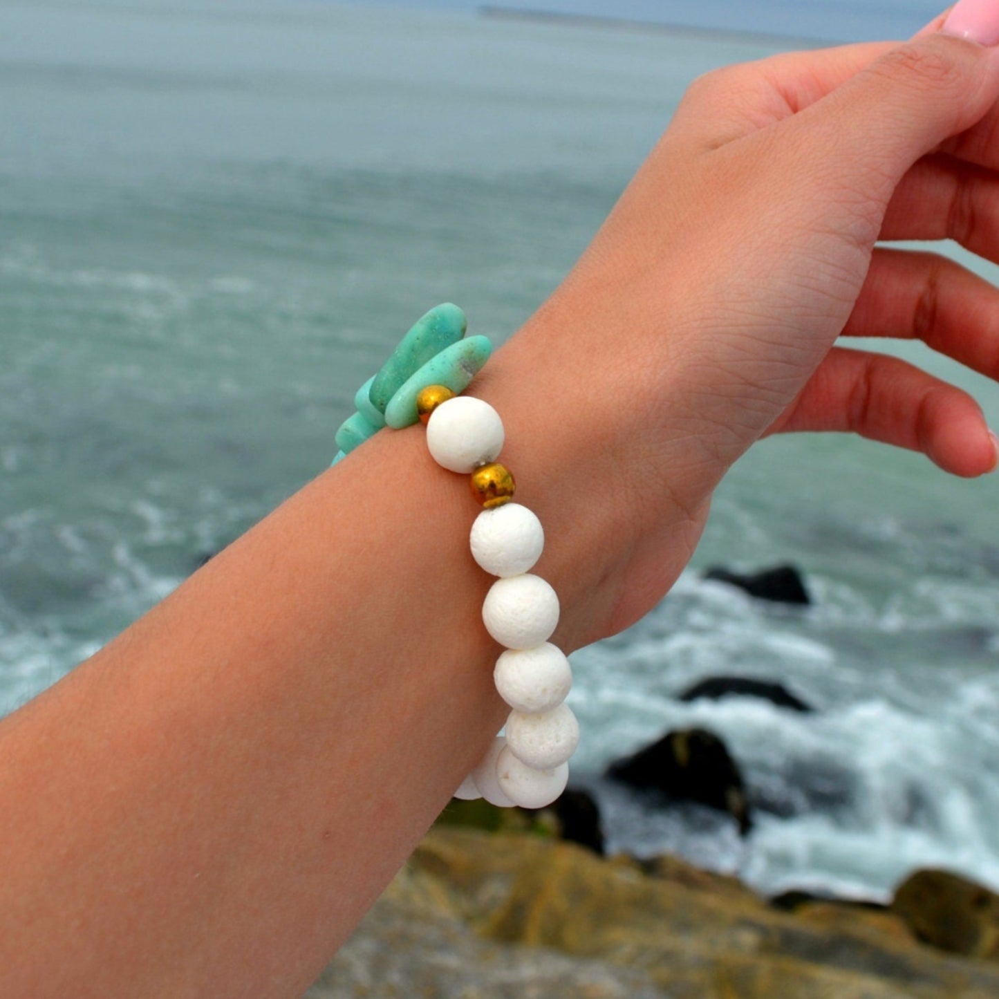 Amazonite Stretch Bracelet White Coral Bracelet Gemstone Beaded Bracelet Hematite Bracelet Gift for Woman Elastic Bracelet Summer Bracelet - Shamballa Bracelet - Birthstone Bracelet - Gemstone Bracelet Men - Chakra Bracelet - Macrame Bracelet - Healing Bracelet - Valinde
