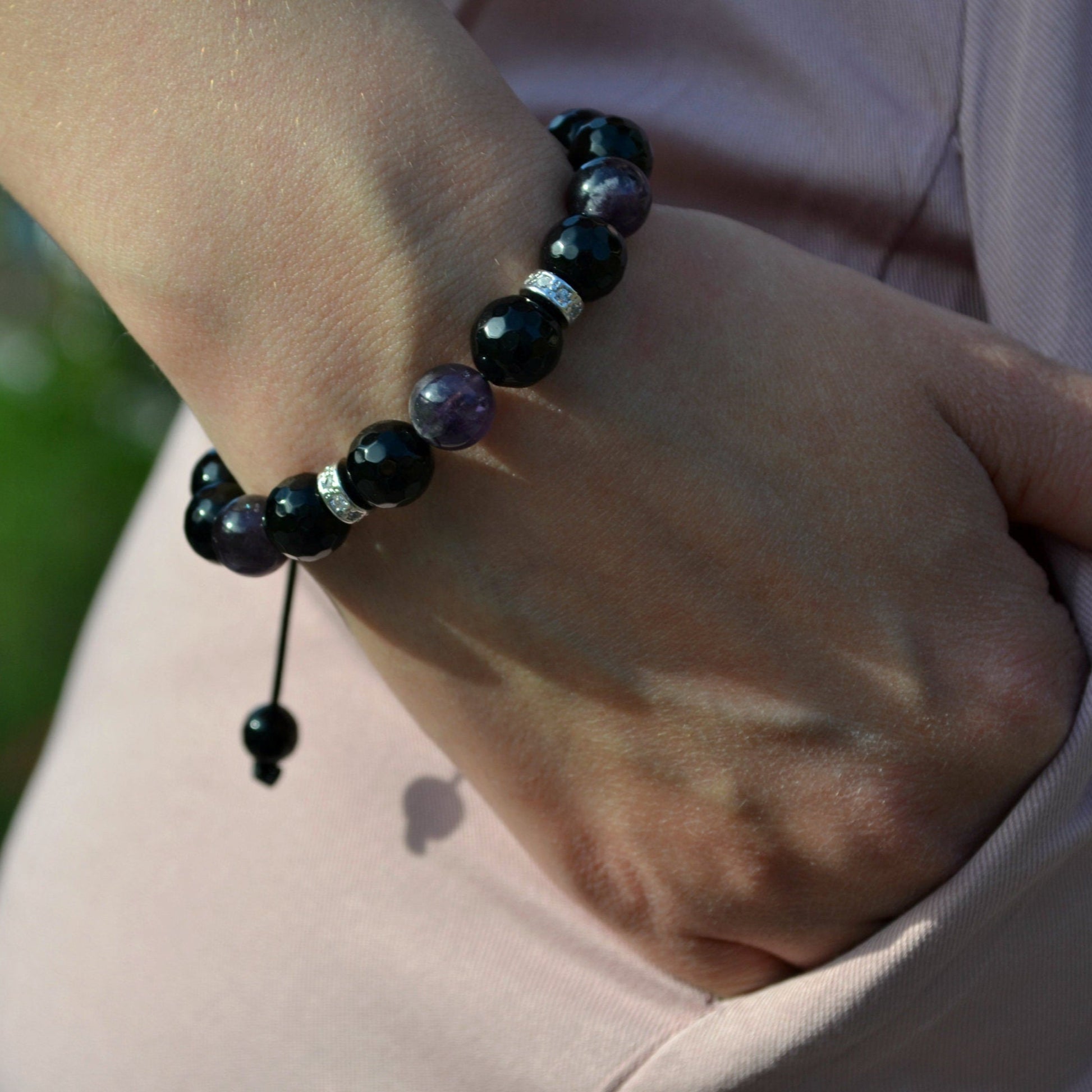 Women's Faceted Agate Beads Bracelet Amethyst Crystal Bracelet Gift for Her Gift for Wife Cubic Zirconia Bracelet Black Adjustable Bracelet Healing Bracelet  Birthstone Bracelet