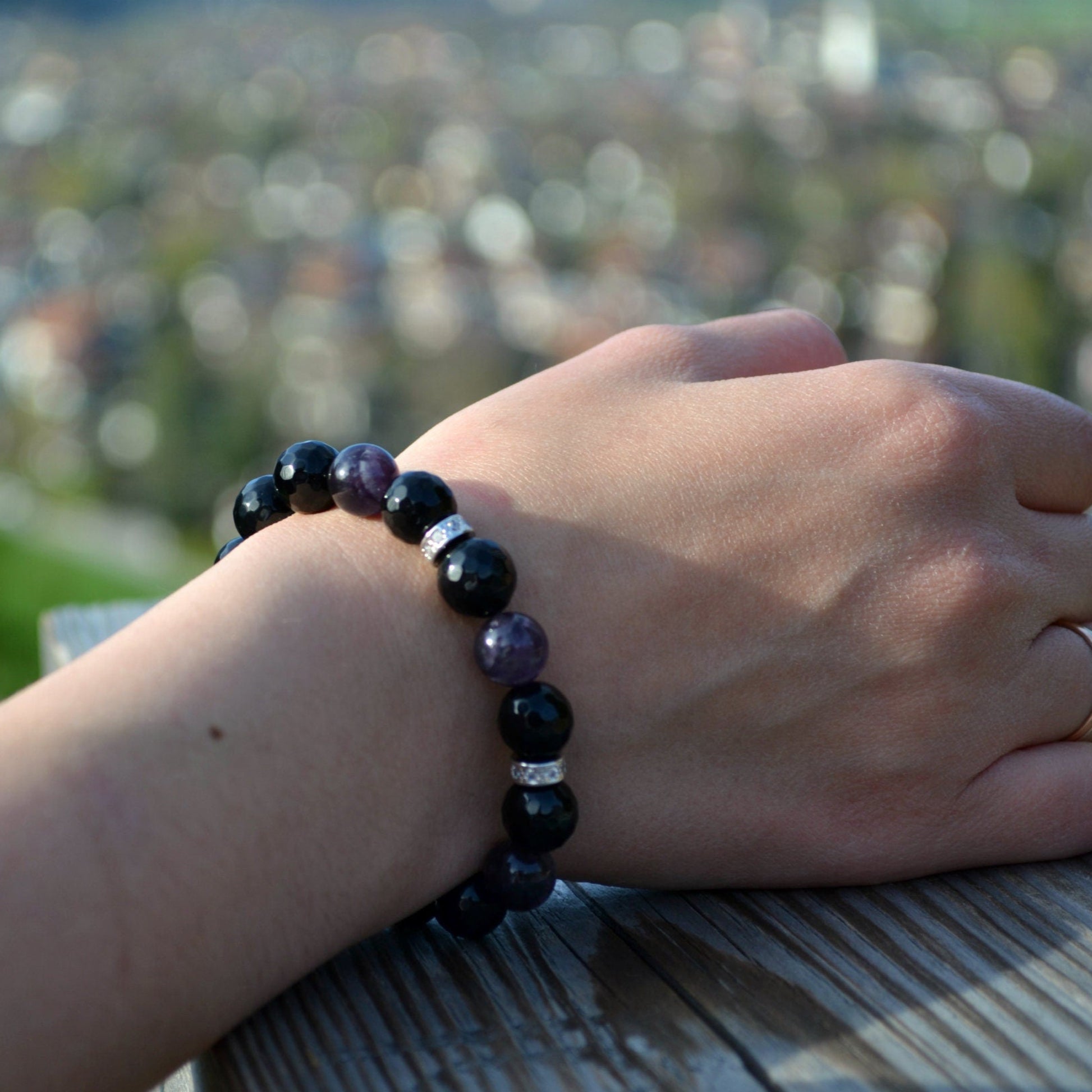 Women's Faceted Agate Beads Bracelet Amethyst Crystal Bracelet Gift for Her Gift for Wife Cubic Zirconia Bracelet Black Adjustable Bracelet Healing Bracelet  Birthstone Bracelet