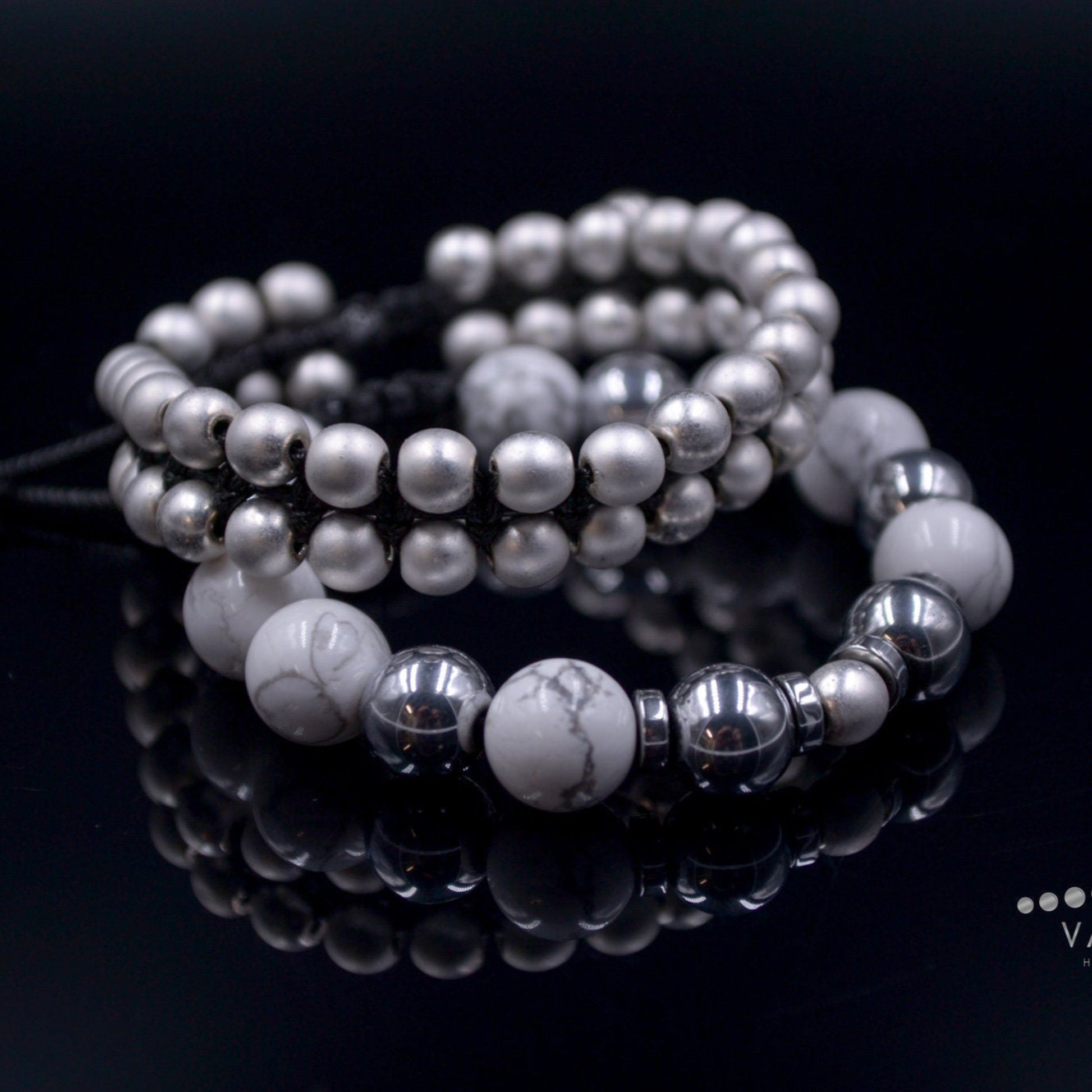 Women's Howlite and Hematite Bracelet Set / Adjustable Bracelets / Gift for Woman / Silver Hematite Bracelet / Double Row Bracelet for Woman - Shamballa Bracelet - Birthstone Bracelet - Gemstone Bracelet Men - Chakra Bracelet - Macrame Bracelet - Healing Bracelet - Valinde
