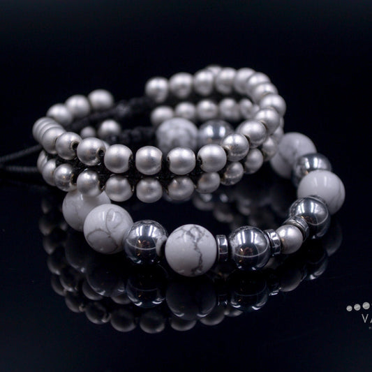 Women's Howlite and Hematite Bracelet Set / Adjustable Bracelets / Gift for Woman / Silver Hematite Bracelet / Double Row Bracelet for Woman - Shamballa Bracelet - Birthstone Bracelet - Gemstone Bracelet Men - Chakra Bracelet - Macrame Bracelet - Healing Bracelet - Valinde
