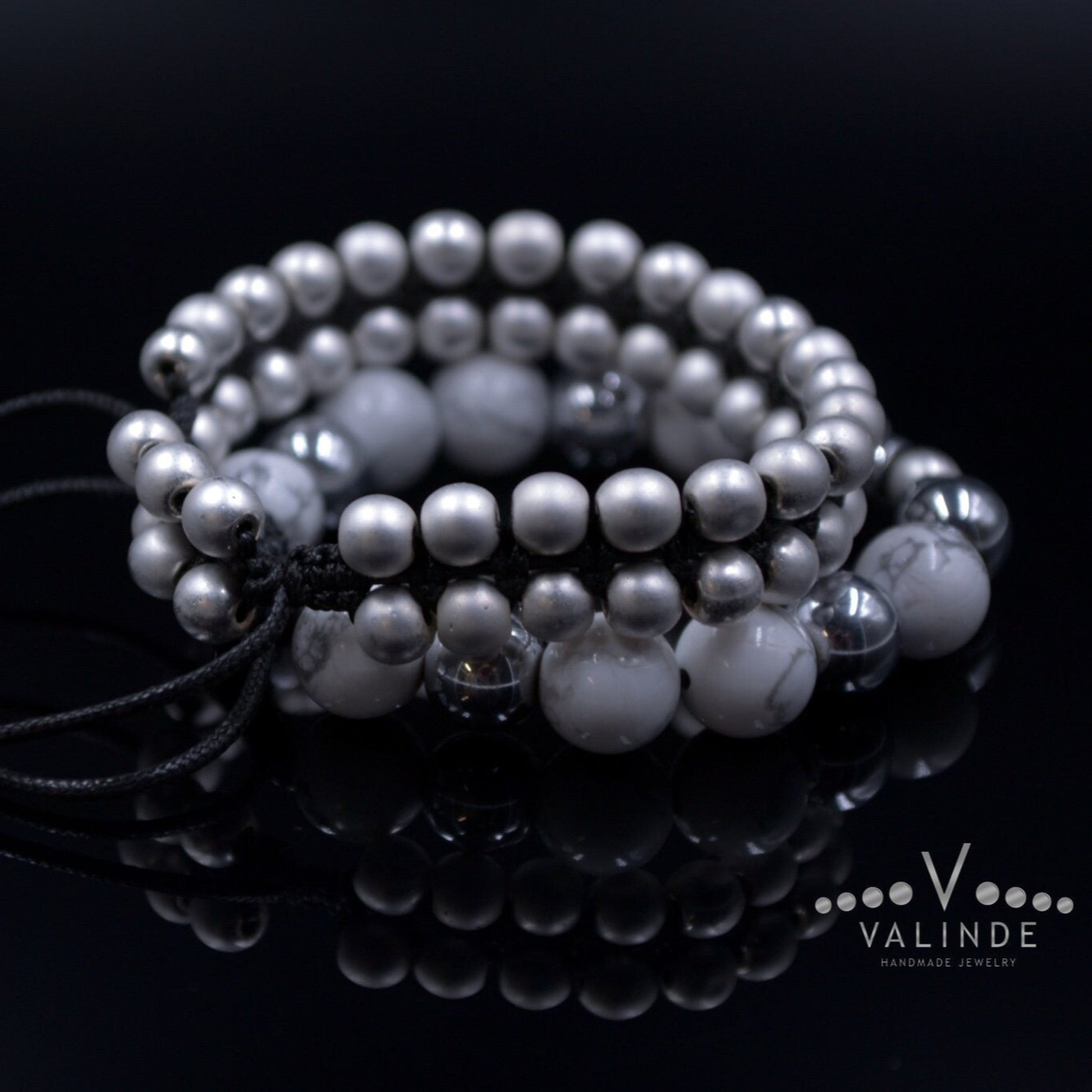 Women's Howlite and Hematite Bracelet Set / Adjustable Bracelets / Gift for Woman / Silver Hematite Bracelet / Double Row Bracelet for Woman - Shamballa Bracelet - Birthstone Bracelet - Gemstone Bracelet Men - Chakra Bracelet - Macrame Bracelet - Healing Bracelet - Valinde
