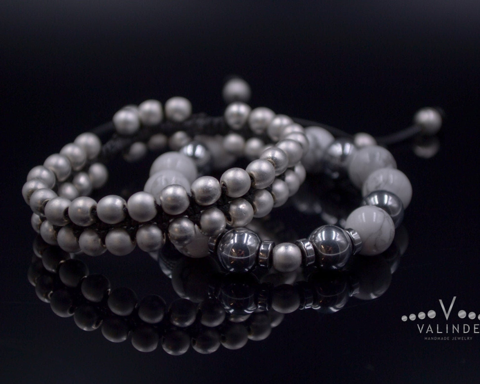 Women's Howlite and Hematite Bracelet Set / Adjustable Bracelets / Gift for Woman / Silver Hematite Bracelet / Double Row Bracelet for Woman - Shamballa Bracelet - Birthstone Bracelet - Gemstone Bracelet Men - Chakra Bracelet - Macrame Bracelet - Healing Bracelet - Valinde
