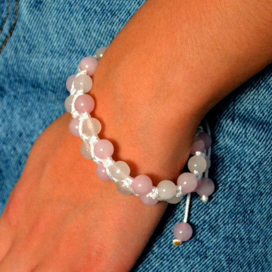 Women's White Nephrite Double Bracelet Rose Quartz Bracelet Macrame Bracelet Double Row Bracelet Gift for Women Adjustable Crystal Bracelet - Shamballa Bracelet - Birthstone Bracelet - Gemstone Bracelet Men - Chakra Bracelet - Macrame Bracelet - Healing Bracelet - Valinde
