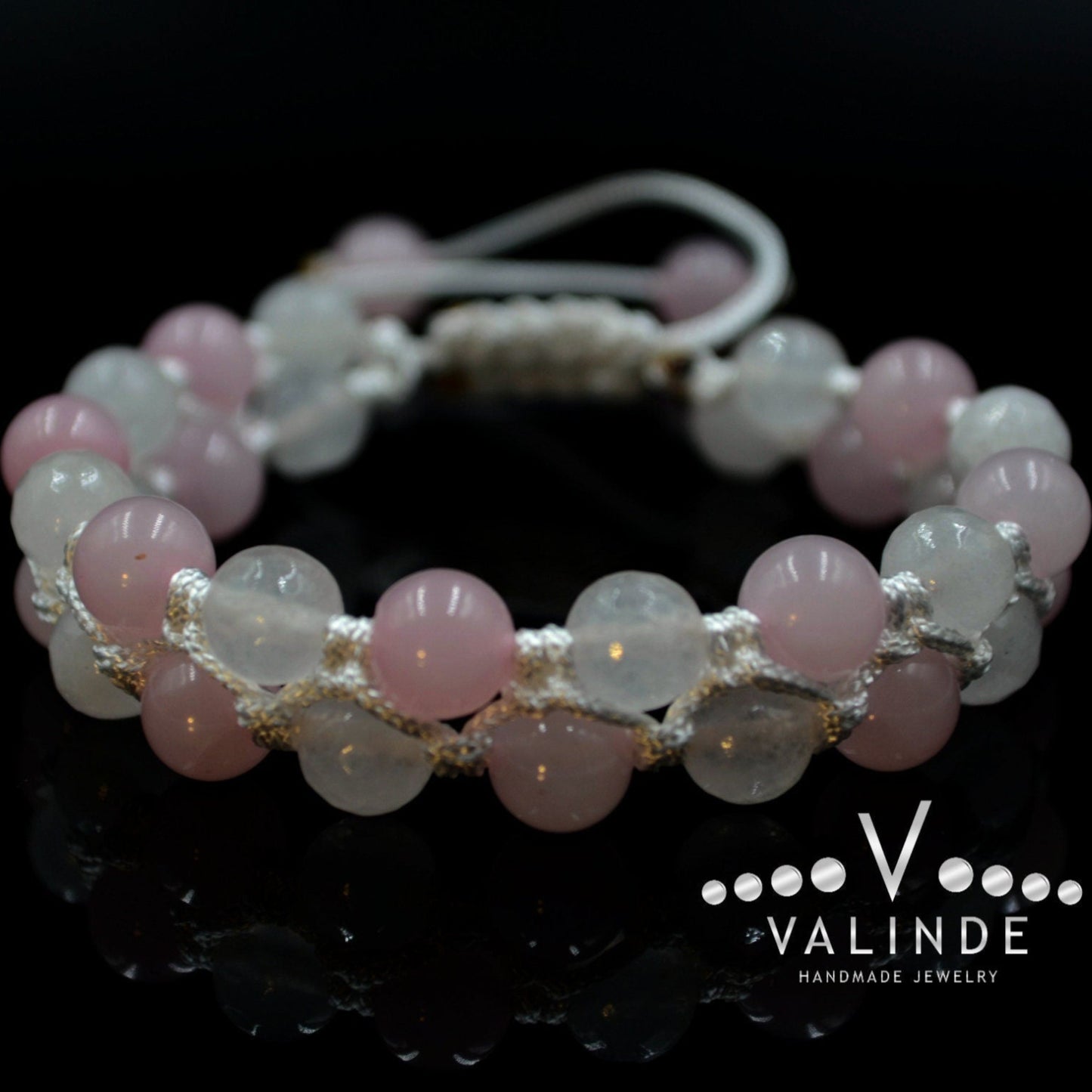 Women's White Nephrite Double Bracelet Rose Quartz Bracelet Macrame Bracelet Double Row Bracelet Gift for Women Adjustable Crystal Bracelet - Shamballa Bracelet - Birthstone Bracelet - Gemstone Bracelet Men - Chakra Bracelet - Macrame Bracelet - Healing Bracelet - Valinde
