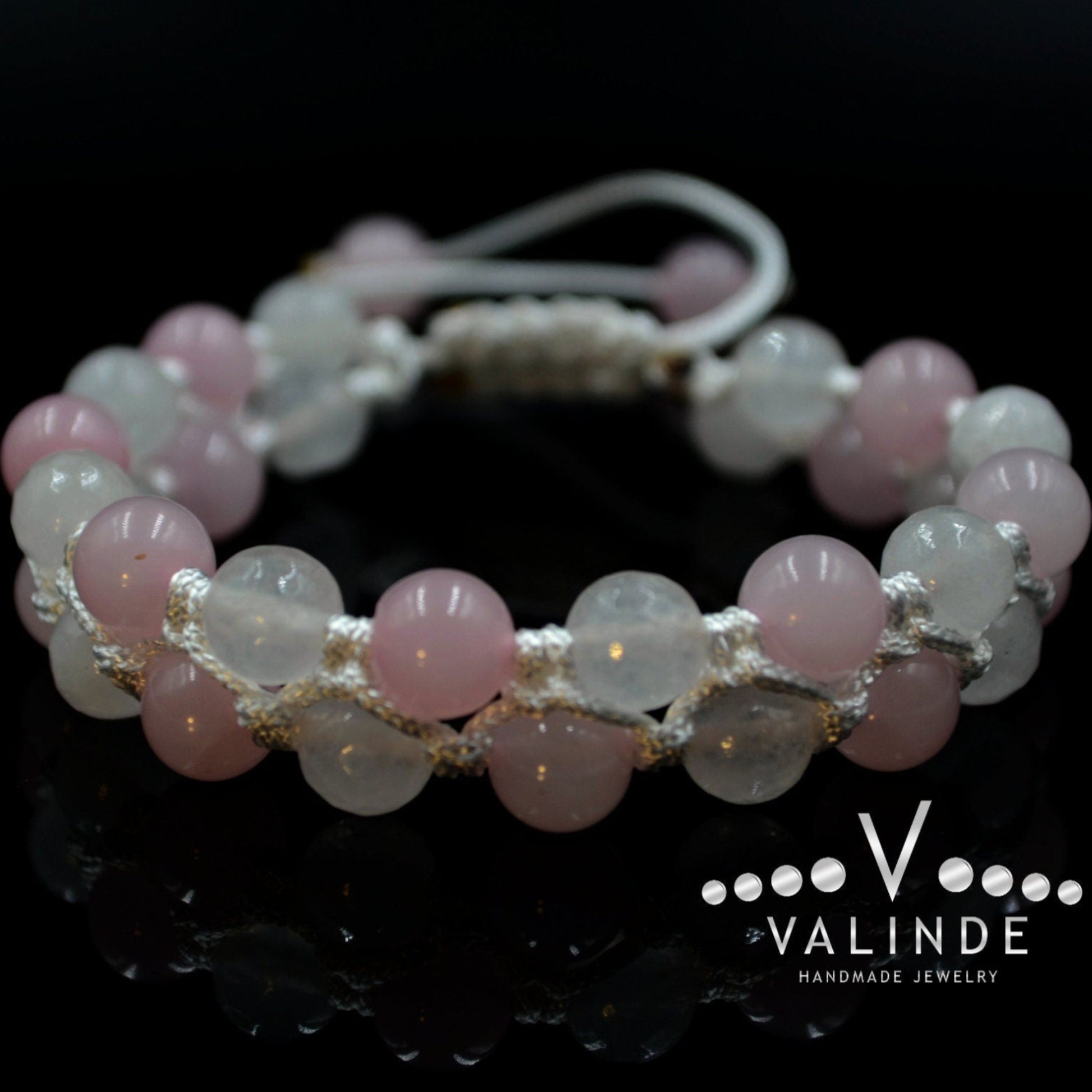 Women's White Nephrite Double Bracelet Rose Quartz Bracelet Macrame Bracelet Double Row Bracelet Gift for Women Adjustable Crystal Bracelet - Shamballa Bracelet - Birthstone Bracelet - Gemstone Bracelet Men - Chakra Bracelet - Macrame Bracelet - Healing Bracelet - Valinde
