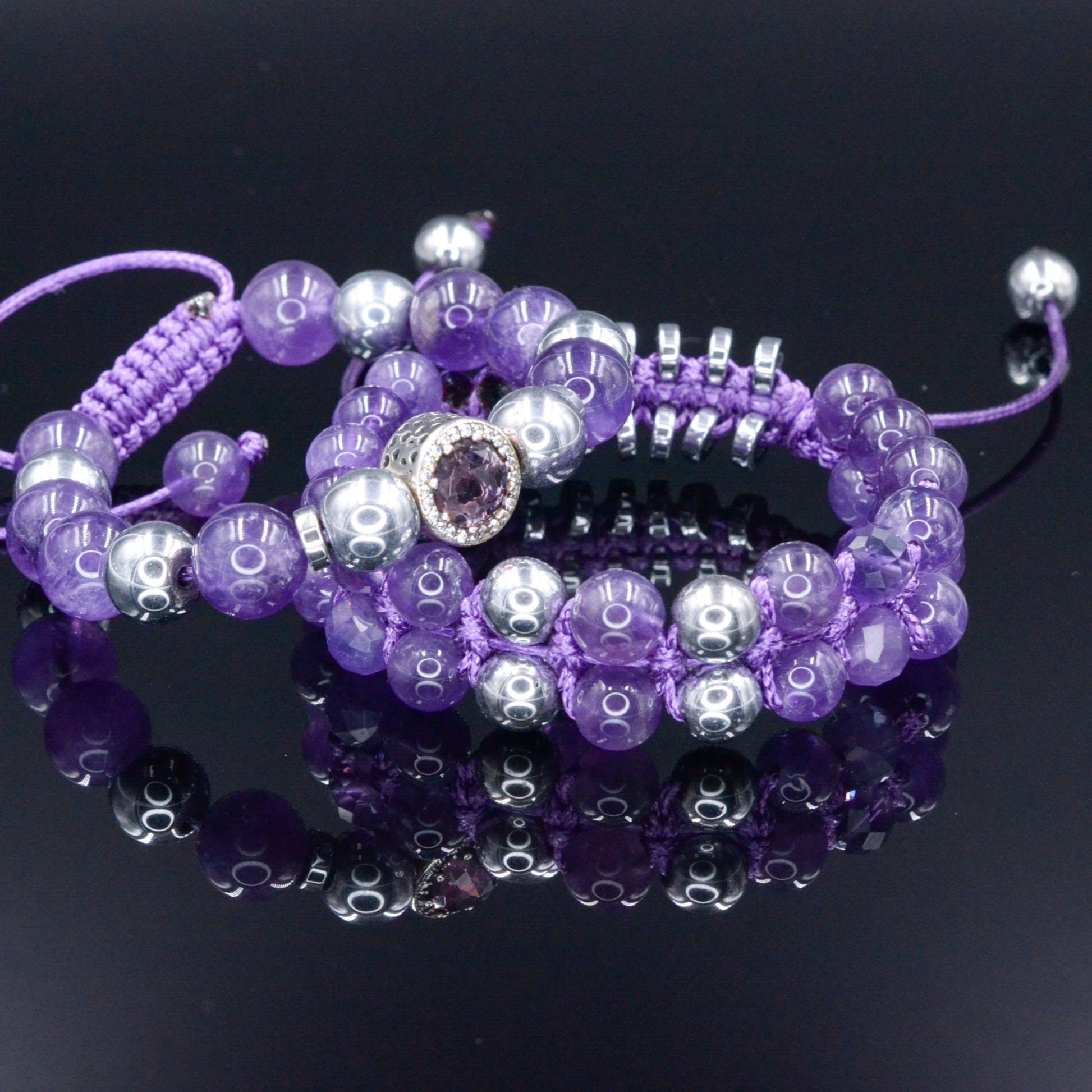 Women's Genuine Amethyst Bracelet Set - 925 Silver Bead Bracelet - Hematite Bracelet - Gift for Woman - Adjustable Crystal Bracelet  - Shamballa Bracelet - Birthstone Bracelet - Gemstone Bracelet Men - Chakra Bracelet - Macrame Bracelet - Healing Bracelet - Valinde
