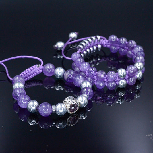 Women's Genuine Amethyst Bracelet Set - 925 Silver Bead Bracelet - Hematite Bracelet - Gift for Woman - Adjustable Crystal Bracelet  - Shamballa Bracelet - Birthstone Bracelet - Gemstone Bracelet Men - Chakra Bracelet - Macrame Bracelet - Healing Bracelet - Valinde

