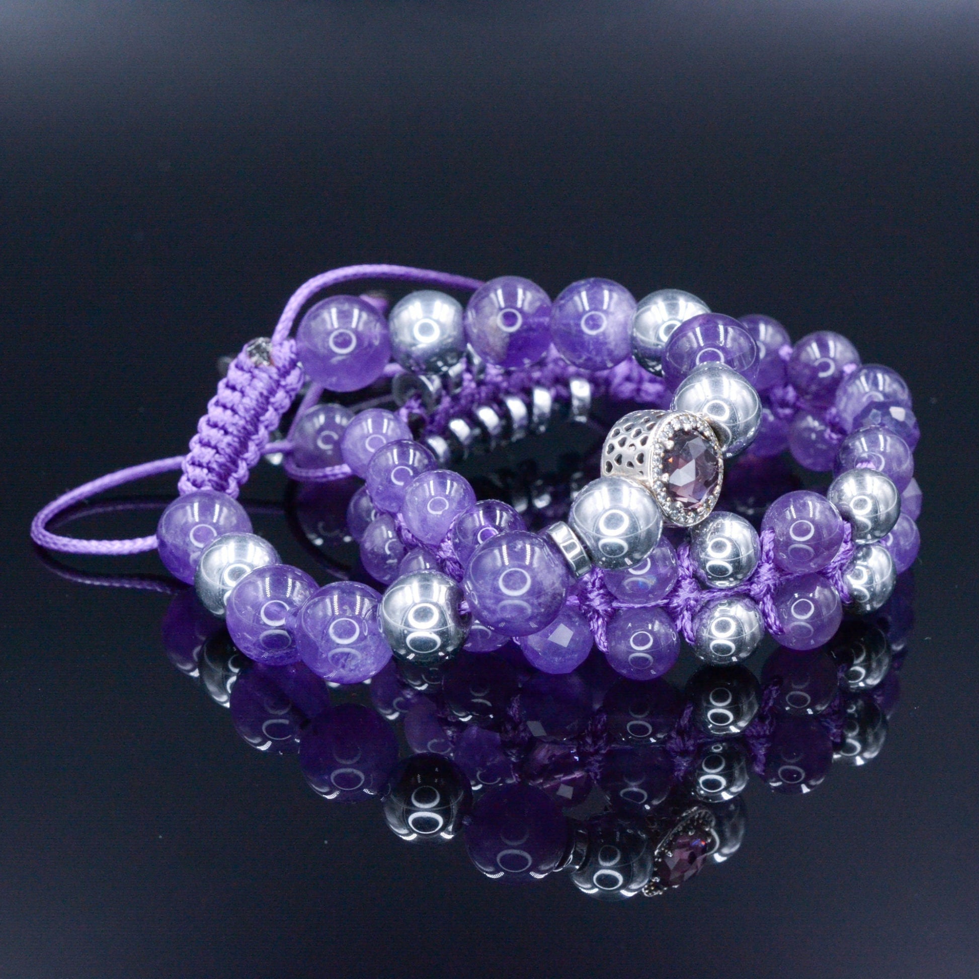 Women's Genuine Amethyst Bracelet Set - 925 Silver Bead Bracelet - Hematite Bracelet - Gift for Woman - Adjustable Crystal Bracelet  - Shamballa Bracelet - Birthstone Bracelet - Gemstone Bracelet Men - Chakra Bracelet - Macrame Bracelet - Healing Bracelet - Valinde
